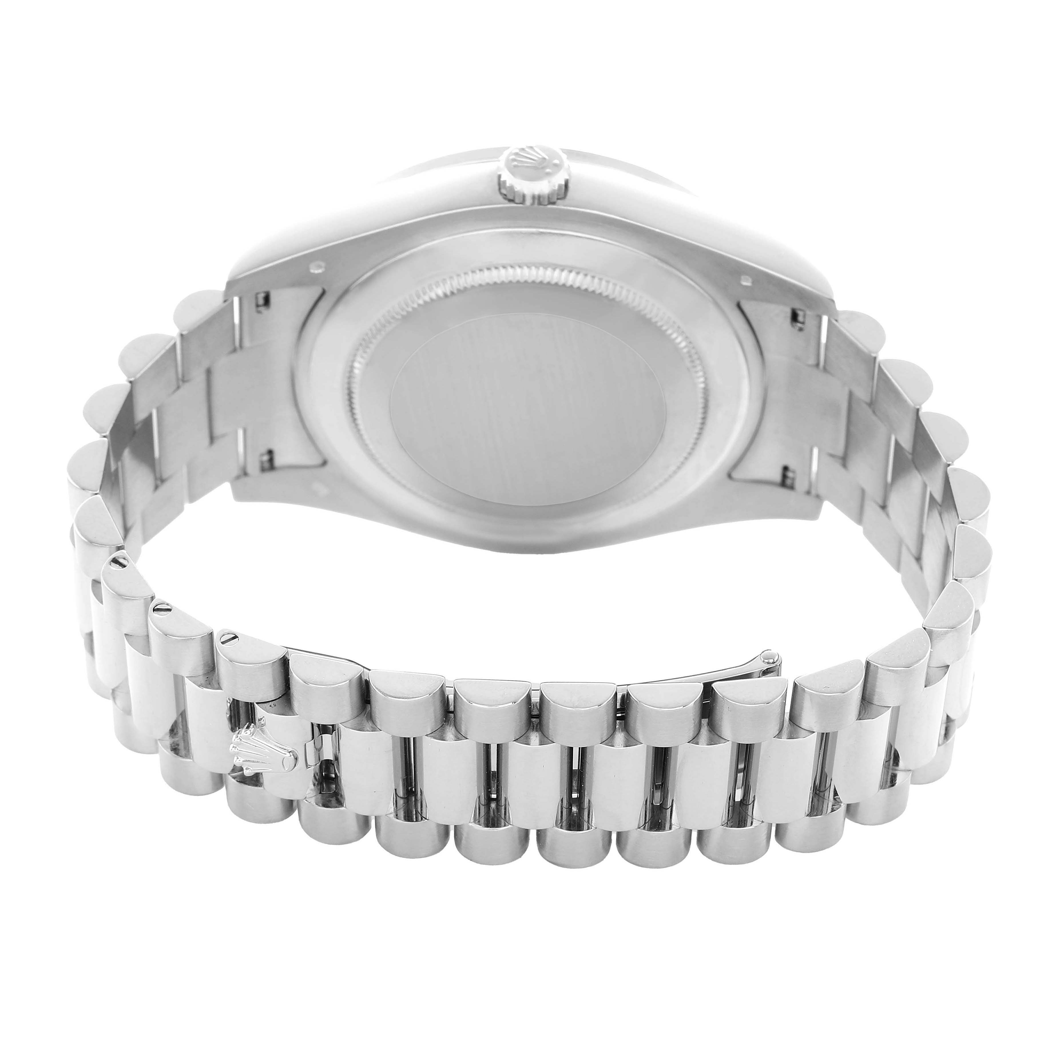 The image shows the back of a Rolex President 218349 Men's White Gold White Dial model watch, highlighting the case back and part of the bracelet.