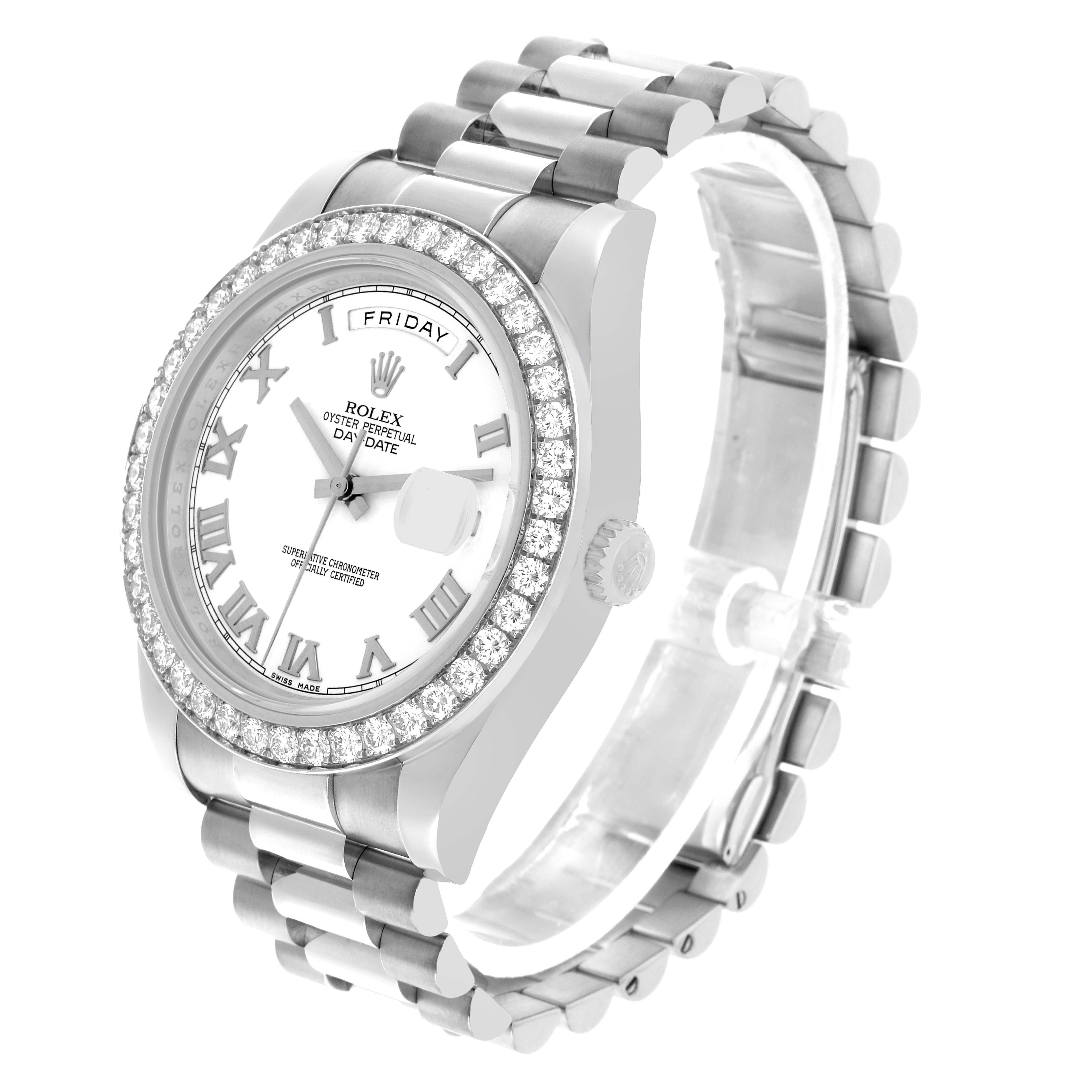 The Rolex President 218349 Men's White Gold White Dial model is shown at a three-quarter angle, highlighting the watch face, bezel, and bracelet.