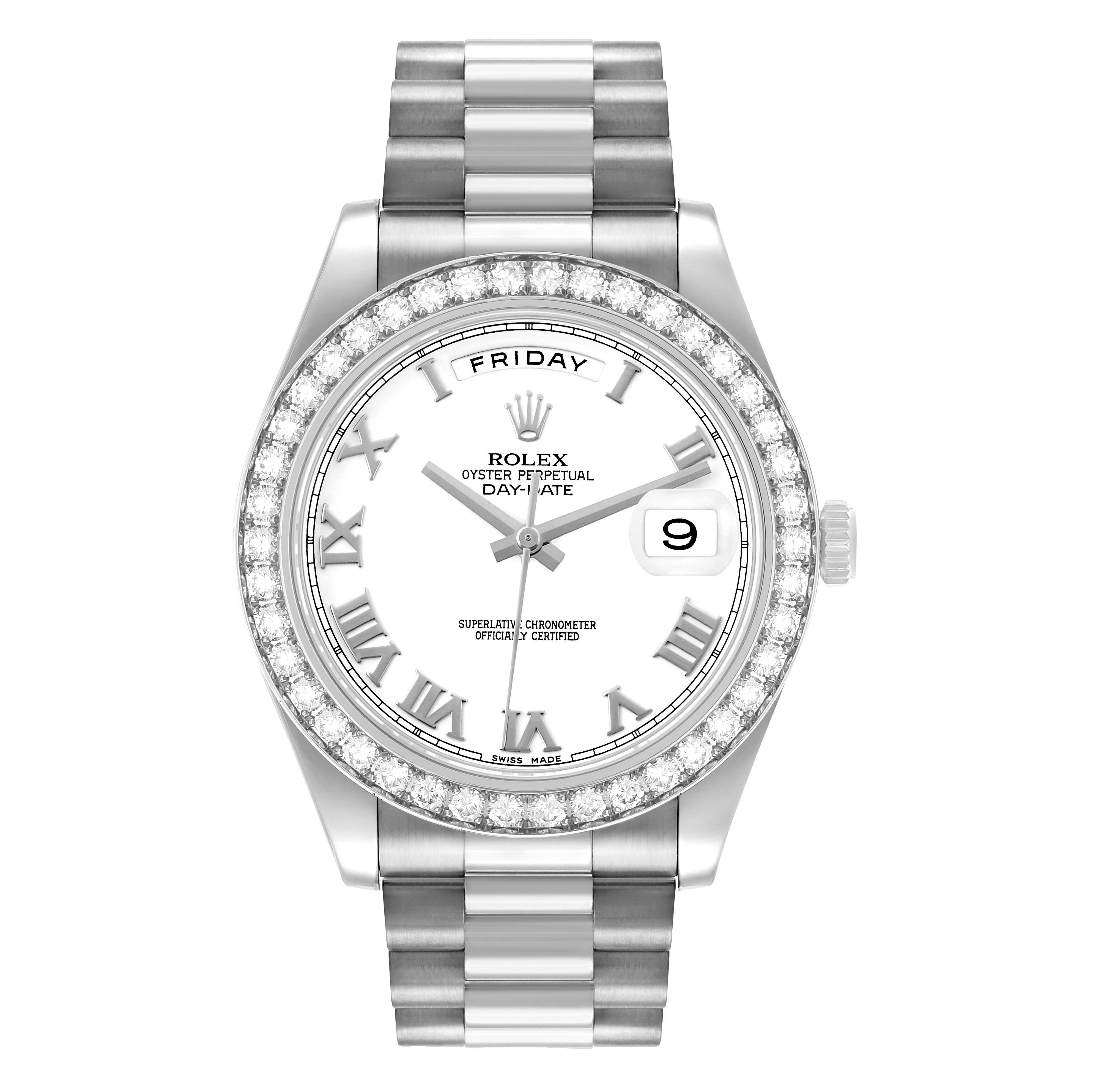The Rolex President 218349 Men's White Gold White Dial model is shown from the front, displaying the dial, bracelet, day-date features, and diamond bezel.