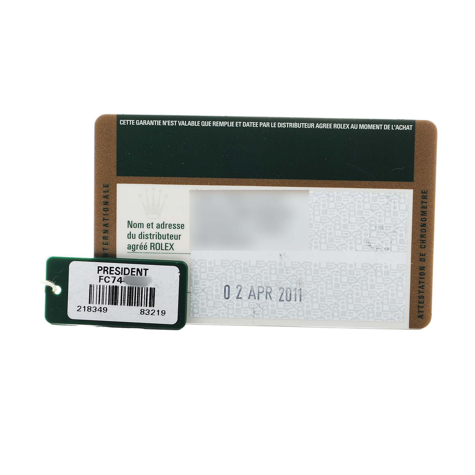 The image shows a warranty card and a tag for a Rolex President 218349 Men's White Gold White Dial model watch.