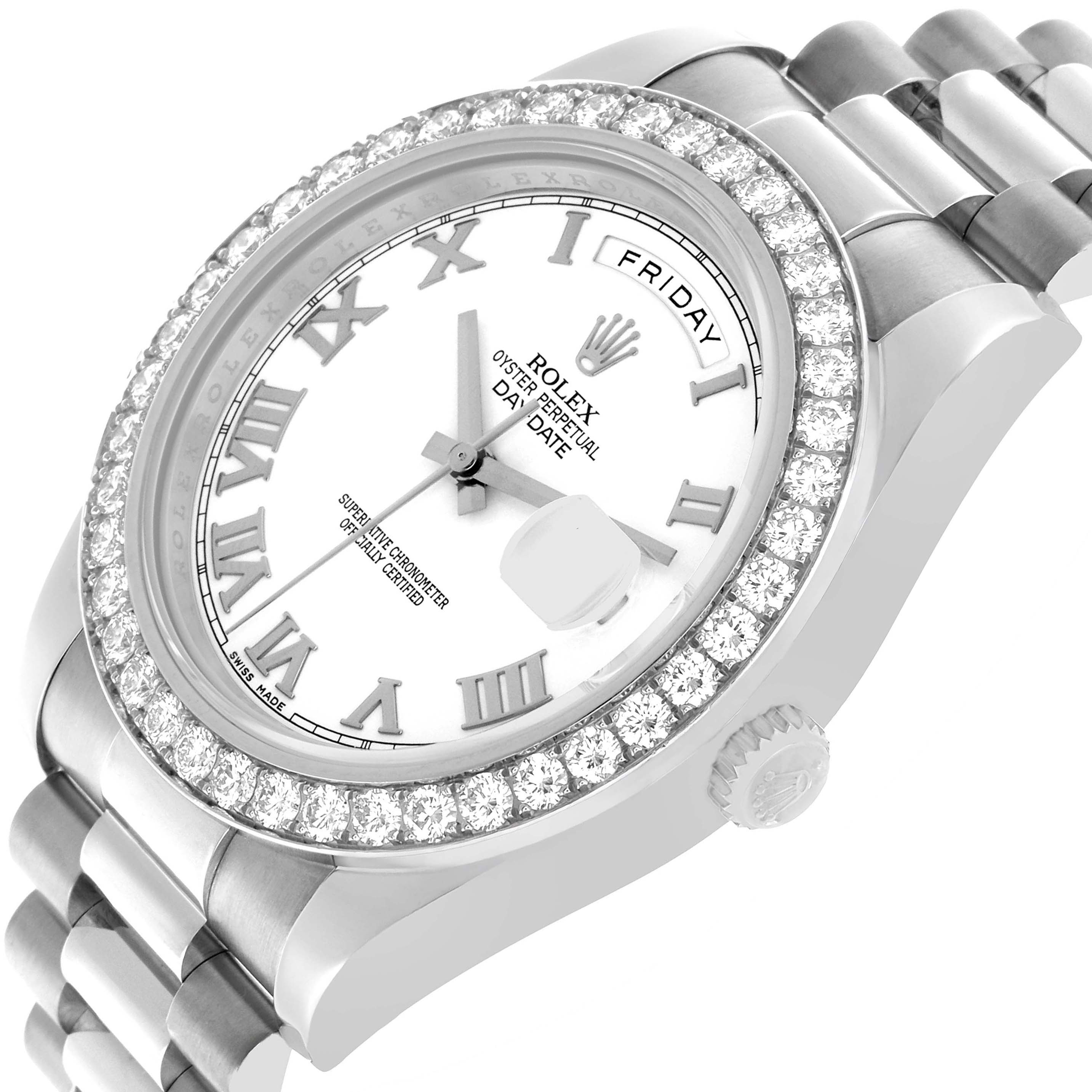 The Rolex President 218349 Men's White Gold White Dial model is shown at an angled view, highlighting its diamond bezel, crown, and part of the bracelet.