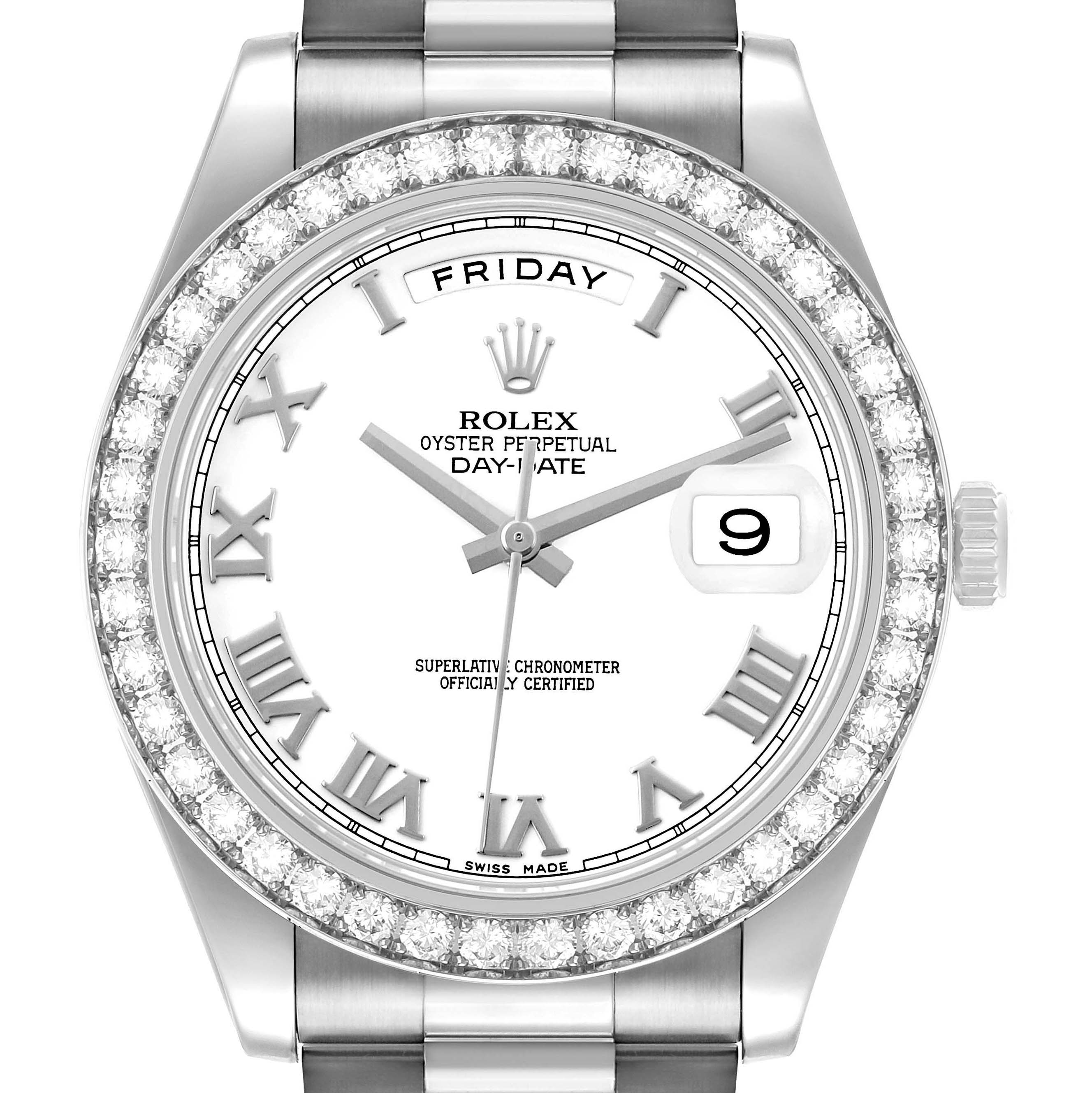 The Rolex President 218349 Men's White Gold White Dial model is shown from a frontal angle featuring the diamond bezel, dial with Roman numerals, and day-date display.