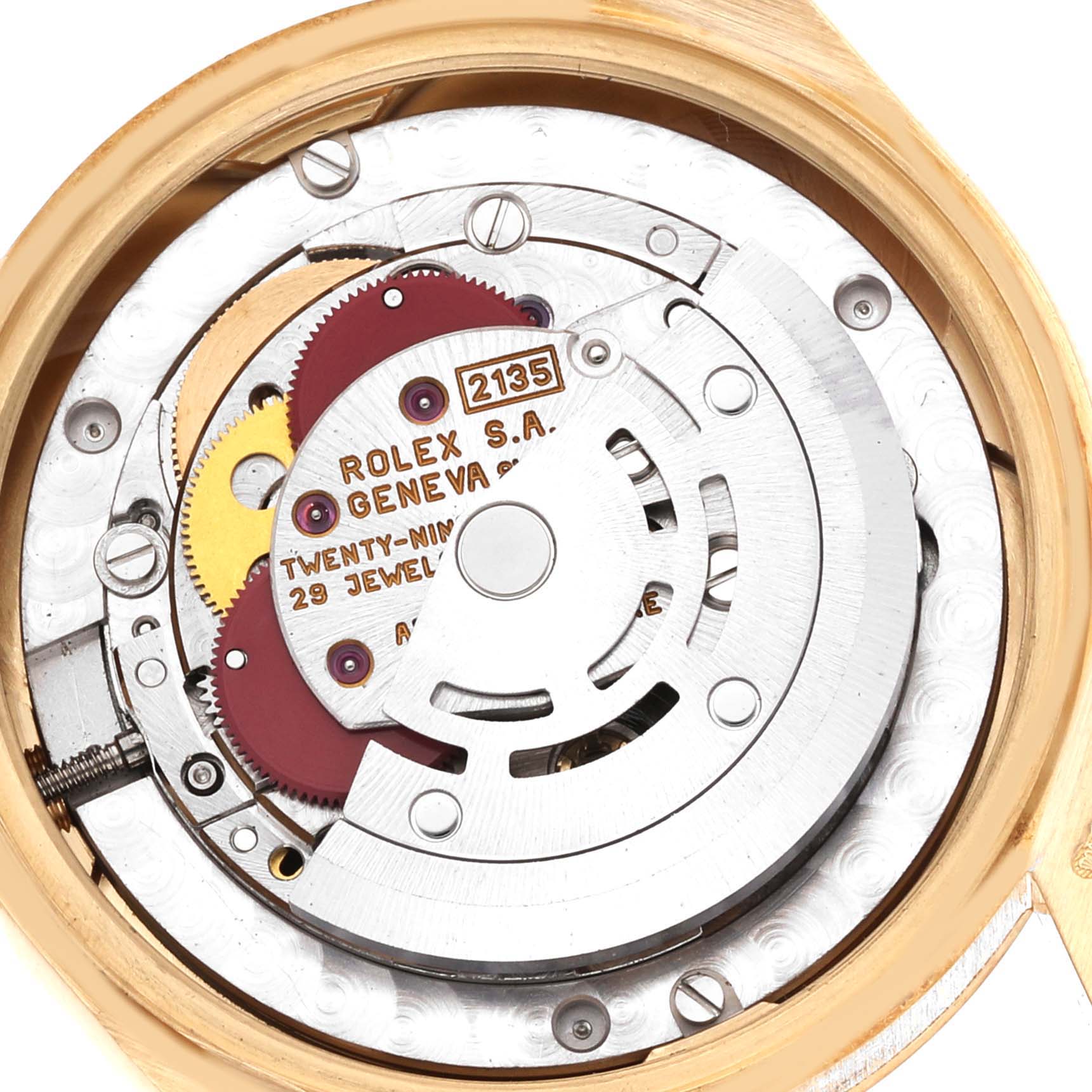 This image shows the internal movement components of a Rolex President 68278MR Women
s Yellow Gold Champagne Dial 68278MR Women
s Yellow Gold Champagne Dial model watch from a top-down angle.