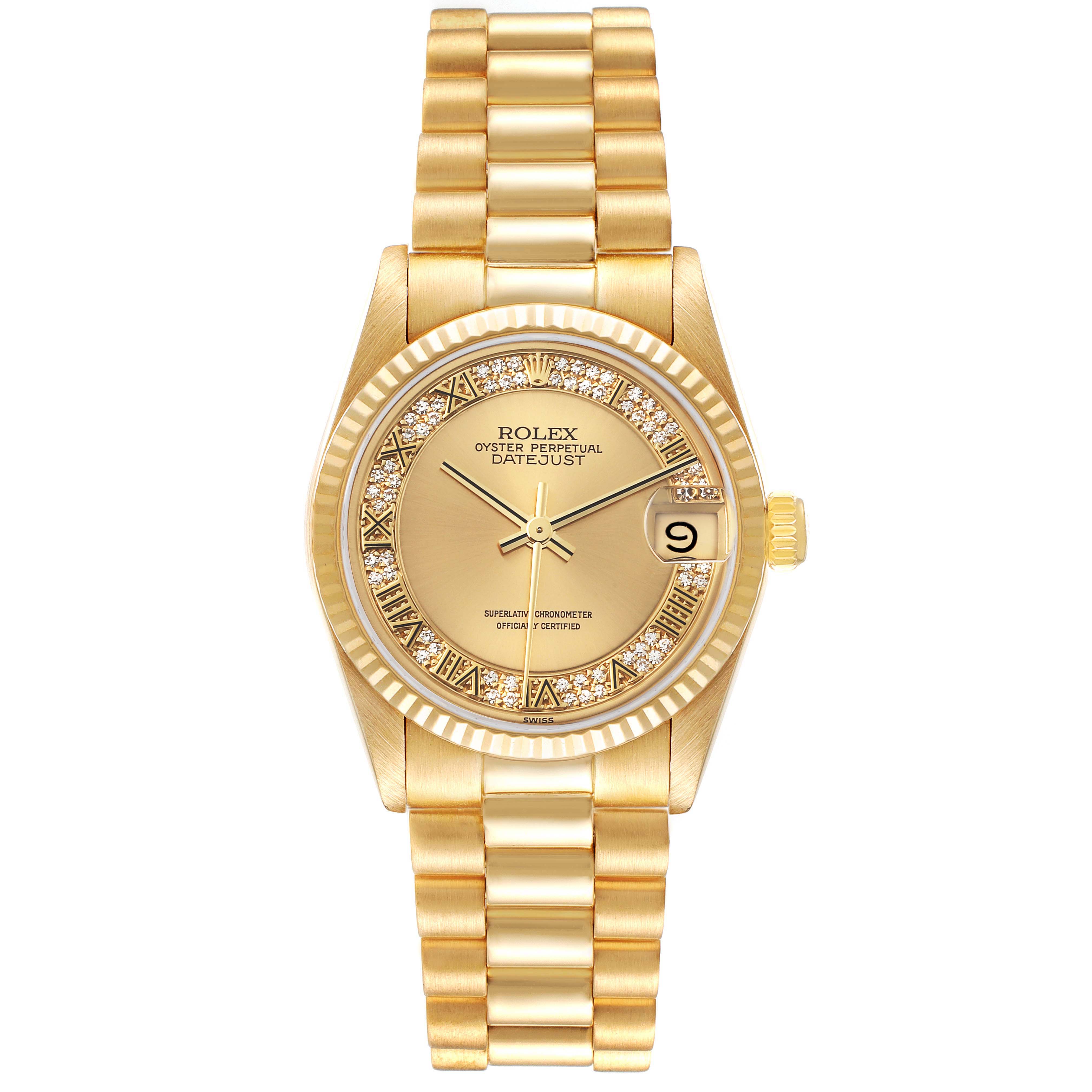 The image shows a frontal view of a Rolex President 68278MR Women
s Yellow Gold Champagne Dial 68278MR Women
s Yellow Gold Champagne Dial model watch, displaying its dial, bezel, and bracelet.