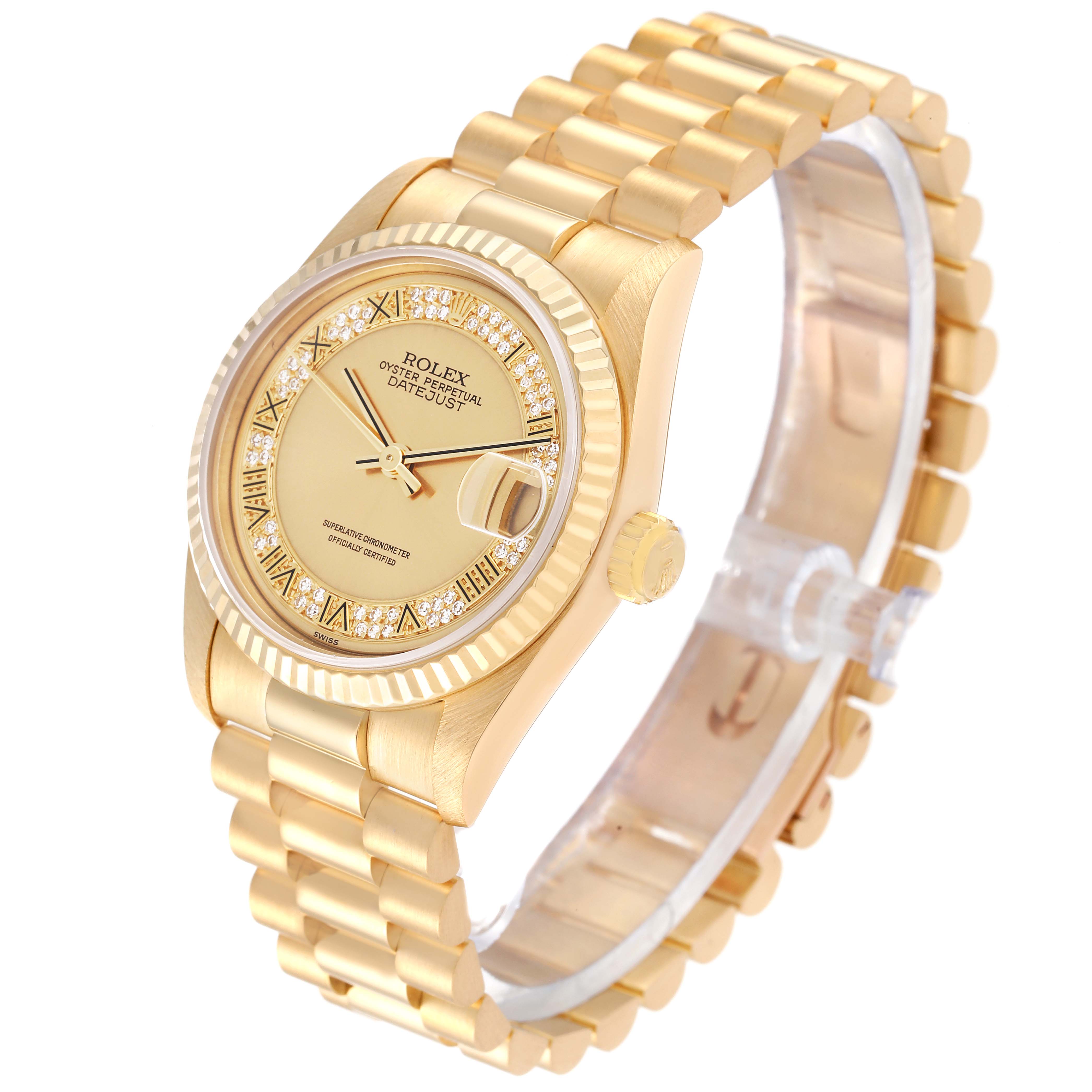 The image shows a Rolex President 68278MR Women
s Yellow Gold Champagne Dial 68278MR Women
s Yellow Gold Champagne Dial model watch at a three-quarter angle, highlighting the dial, bezel, crown, and bracelet.