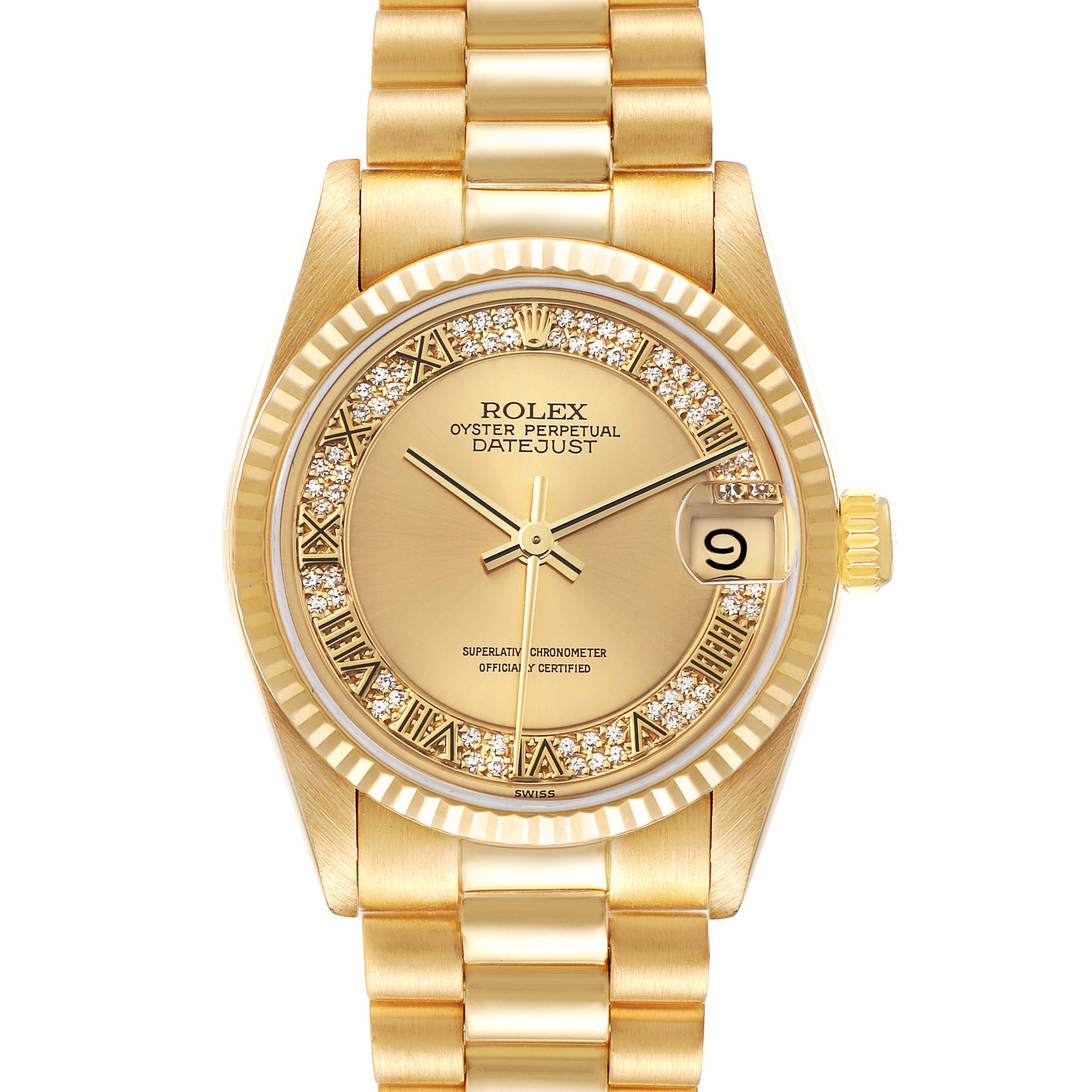 The image shows a frontal view of a gold Rolex President 68278MR Women
s Yellow Gold Champagne Dial 68278MR Women
s Yellow Gold Champagne Dial model watch, highlighting its dial, date window, and bracelet.