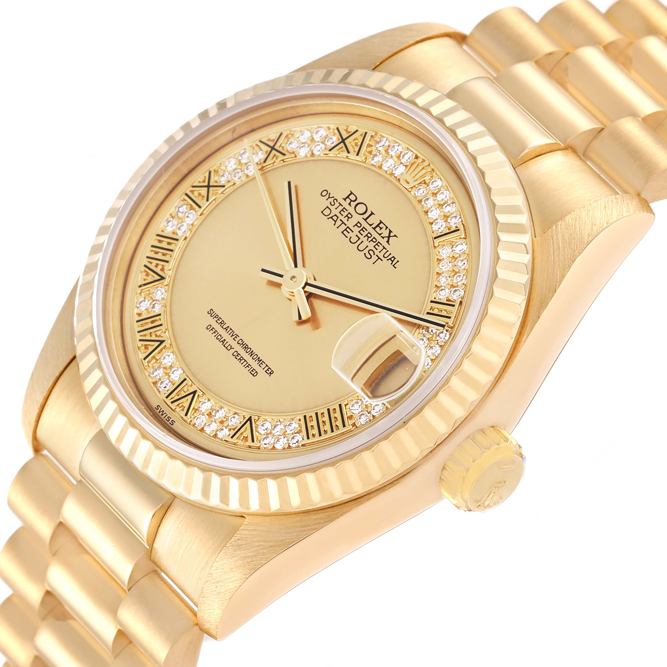 The image shows a close-up, angled view of the Rolex President 68278MR Women
s Yellow Gold Champagne Dial 68278MR Women
s Yellow Gold Champagne Dial model watch, highlighting the gold case, dial, bezel, and band.