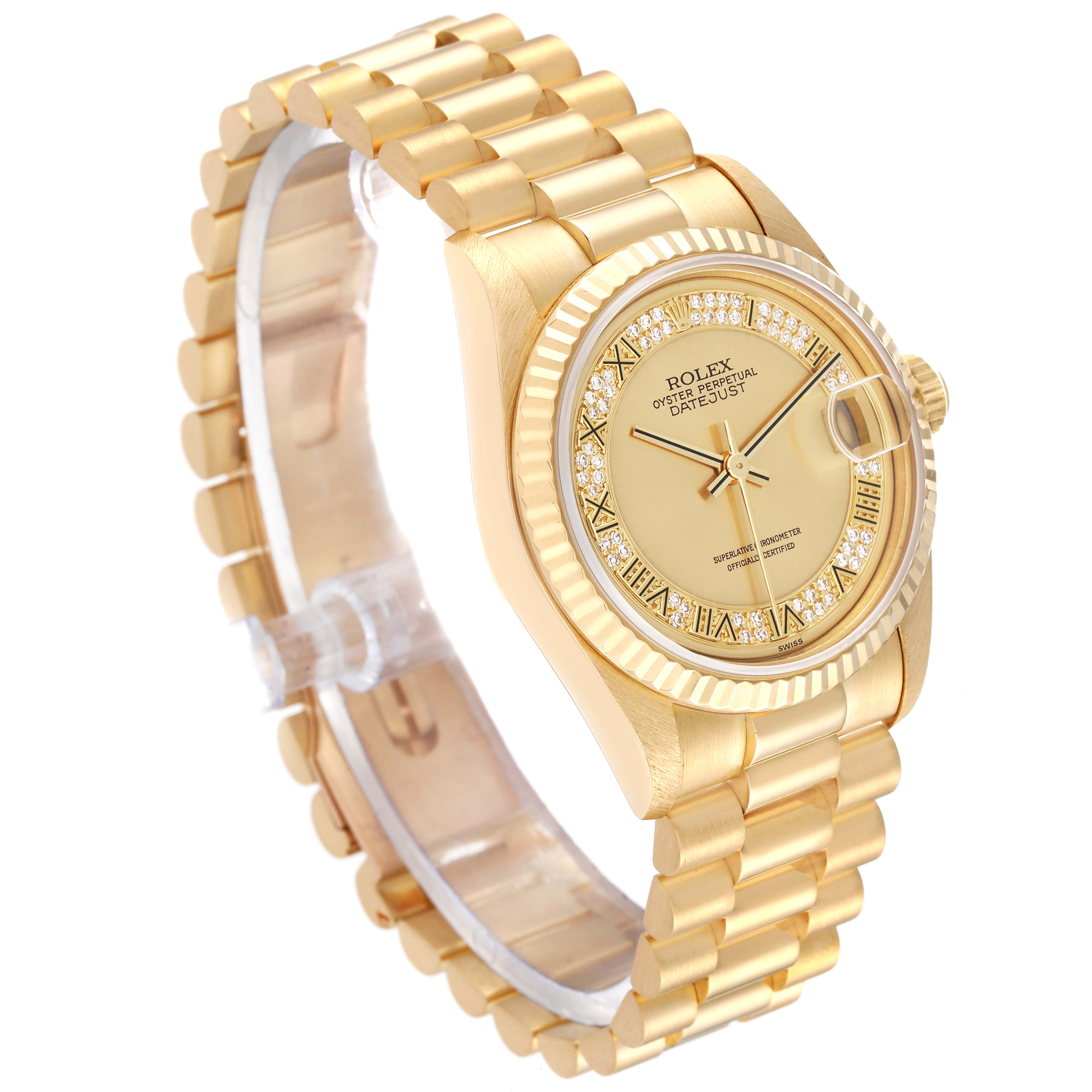 This image shows a Rolex President 68278MR Women
s Yellow Gold Champagne Dial 68278MR Women
s Yellow Gold Champagne Dial model watch at an angle displaying the gold band, dial, case, and date window.