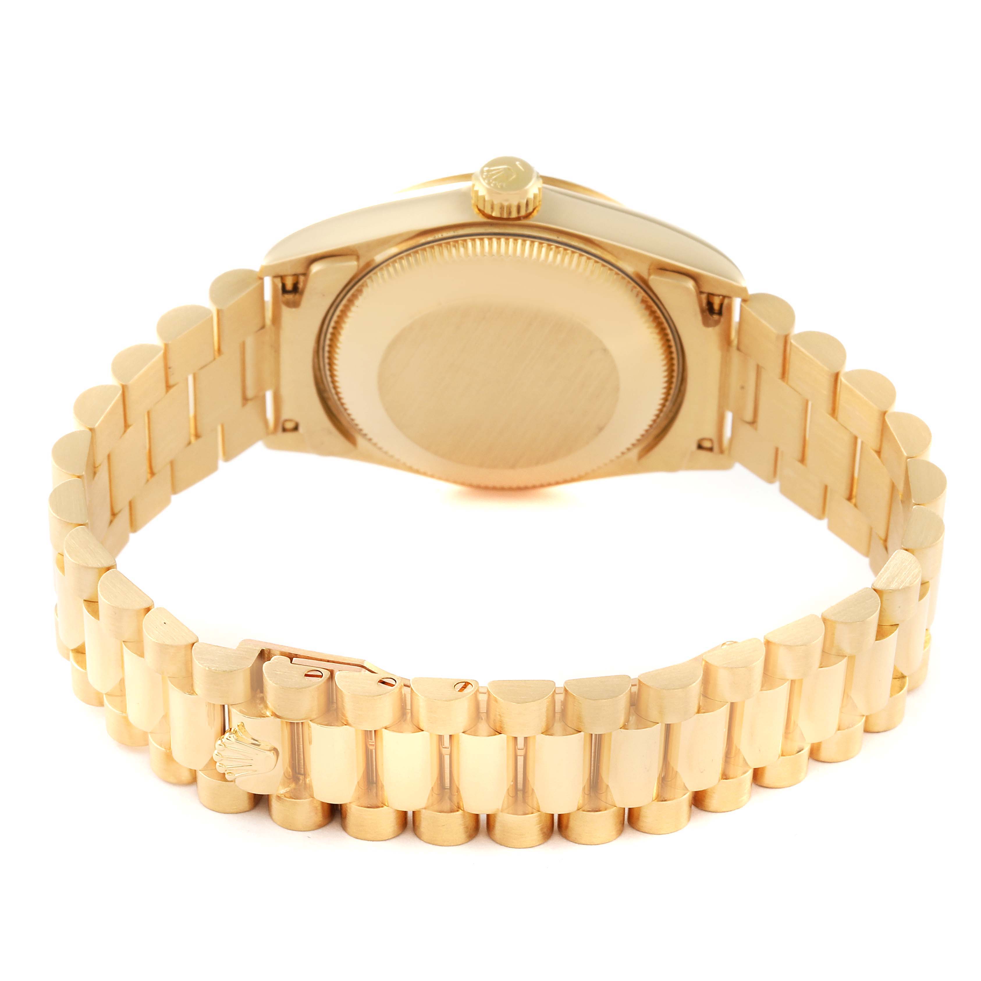 The image shows the back and bracelet of the Rolex President 68278MR Women
s Yellow Gold Champagne Dial 68278MR Women
s Yellow Gold Champagne Dial model watch, viewed from the rear angle.