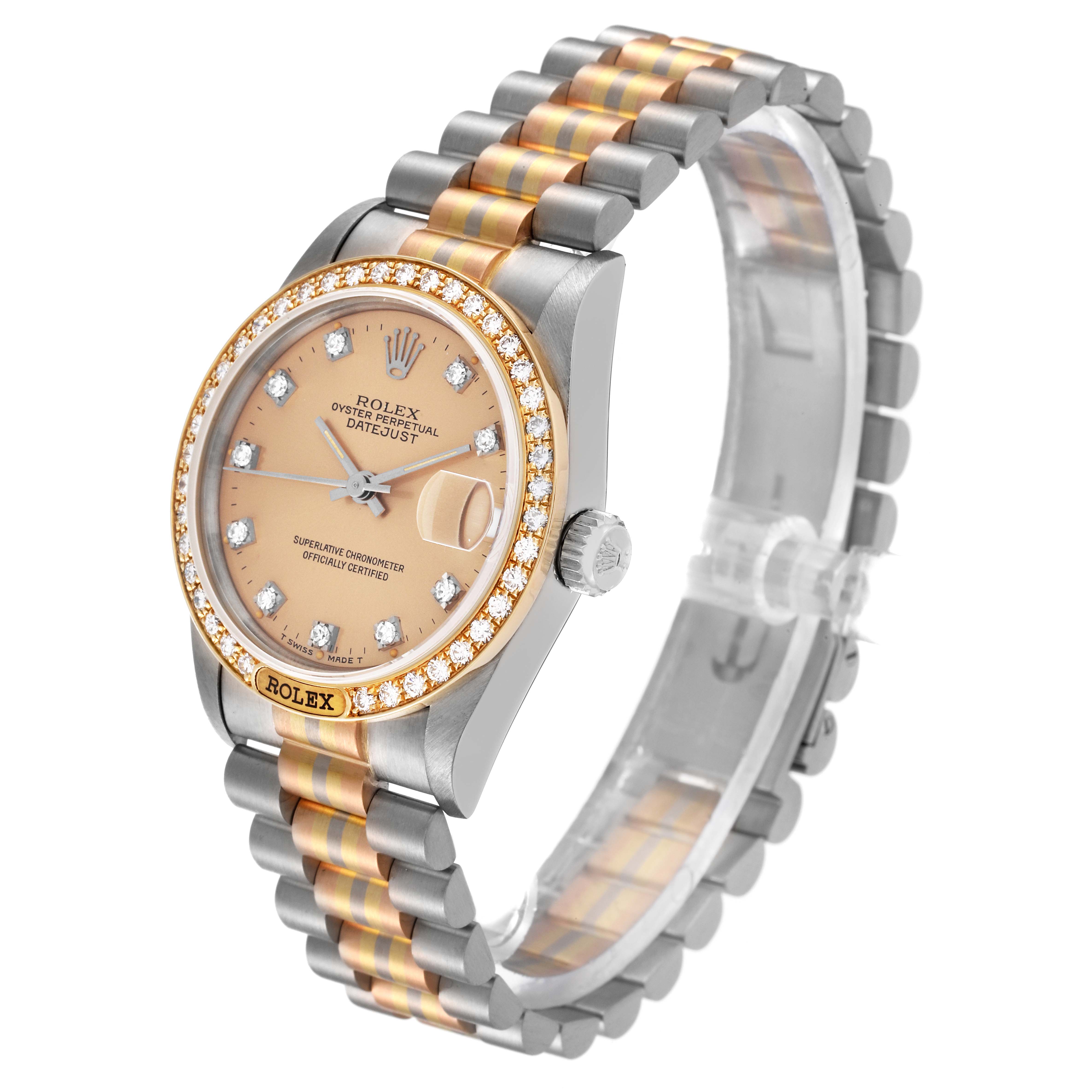 The image shows a side angle of the Rolex President 68149 Women's White Gold Champagne Dial 68149 Women's White Gold Champagne Dial model watch, highlighting the face, bezel, crown, and part of the bracelet.