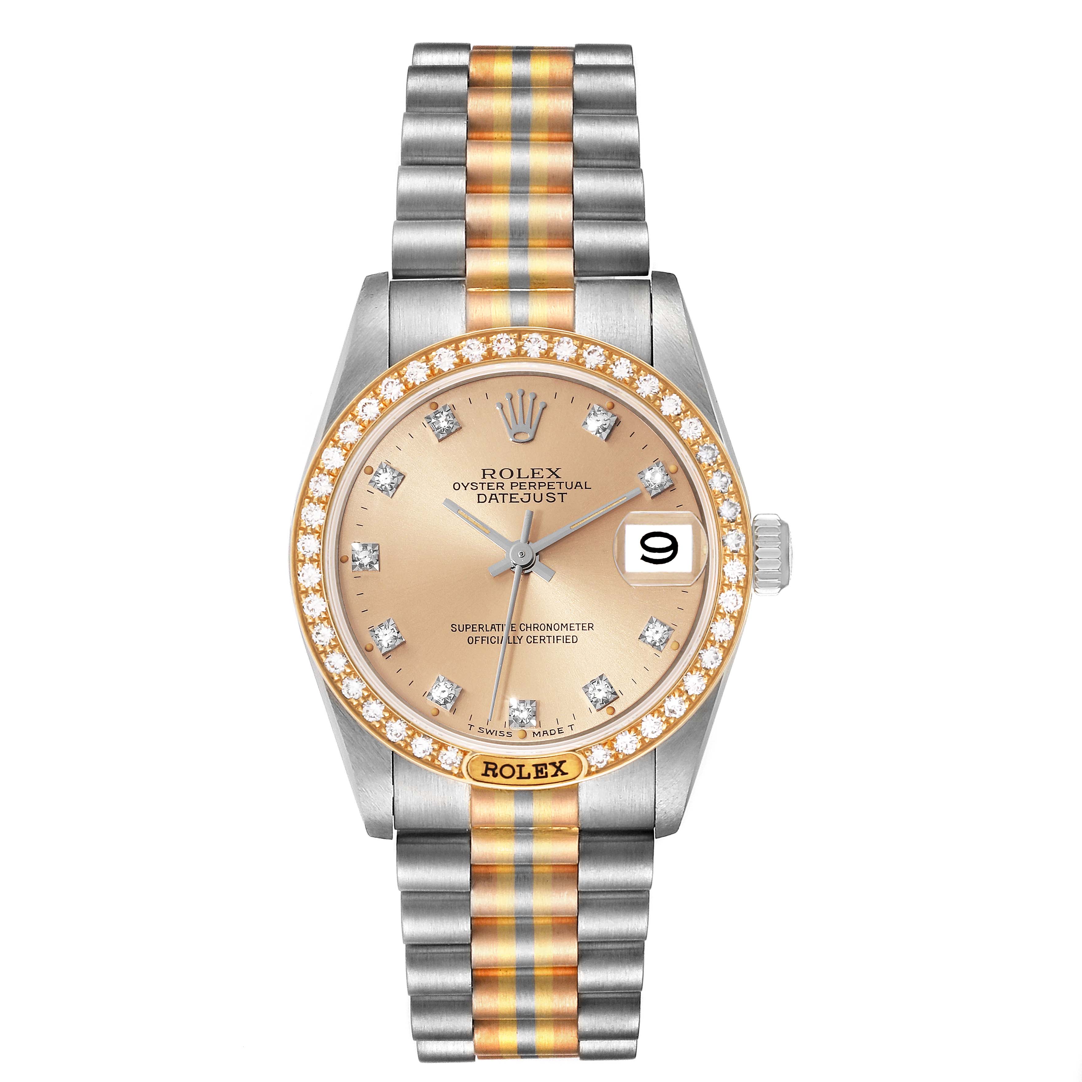 The image shows a Rolex President 68149 Women's White Gold Champagne Dial 68149 Women's White Gold Champagne Dial model watch with a two-tone bracelet, diamond bezel, and date display at a frontal angle.
