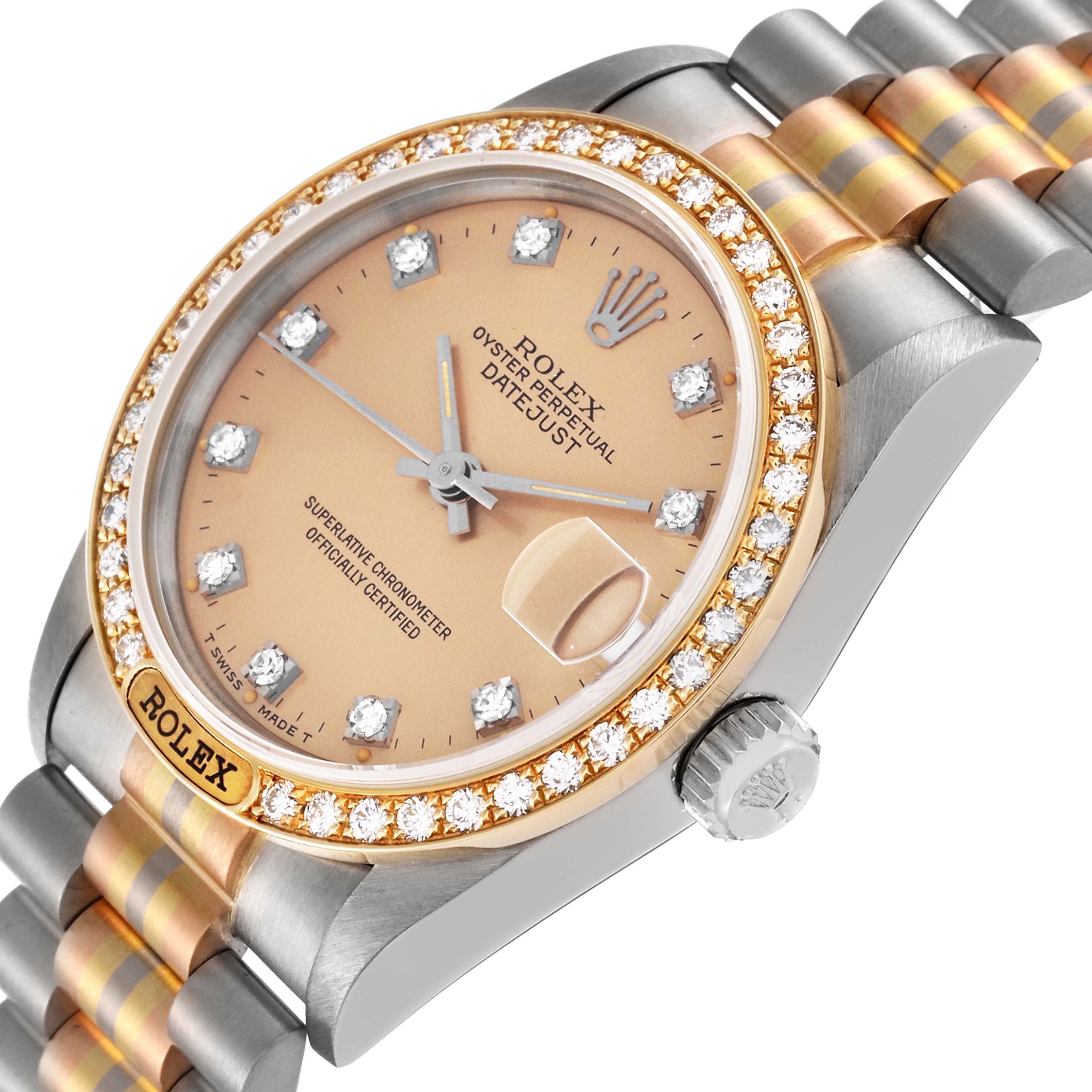 The image shows a close-up of a Rolex President 68149 Women's White Gold Champagne Dial 68149 Women's White Gold Champagne Dial Datejust watch, highlighting the dial, bezel, and part of the bracelet.