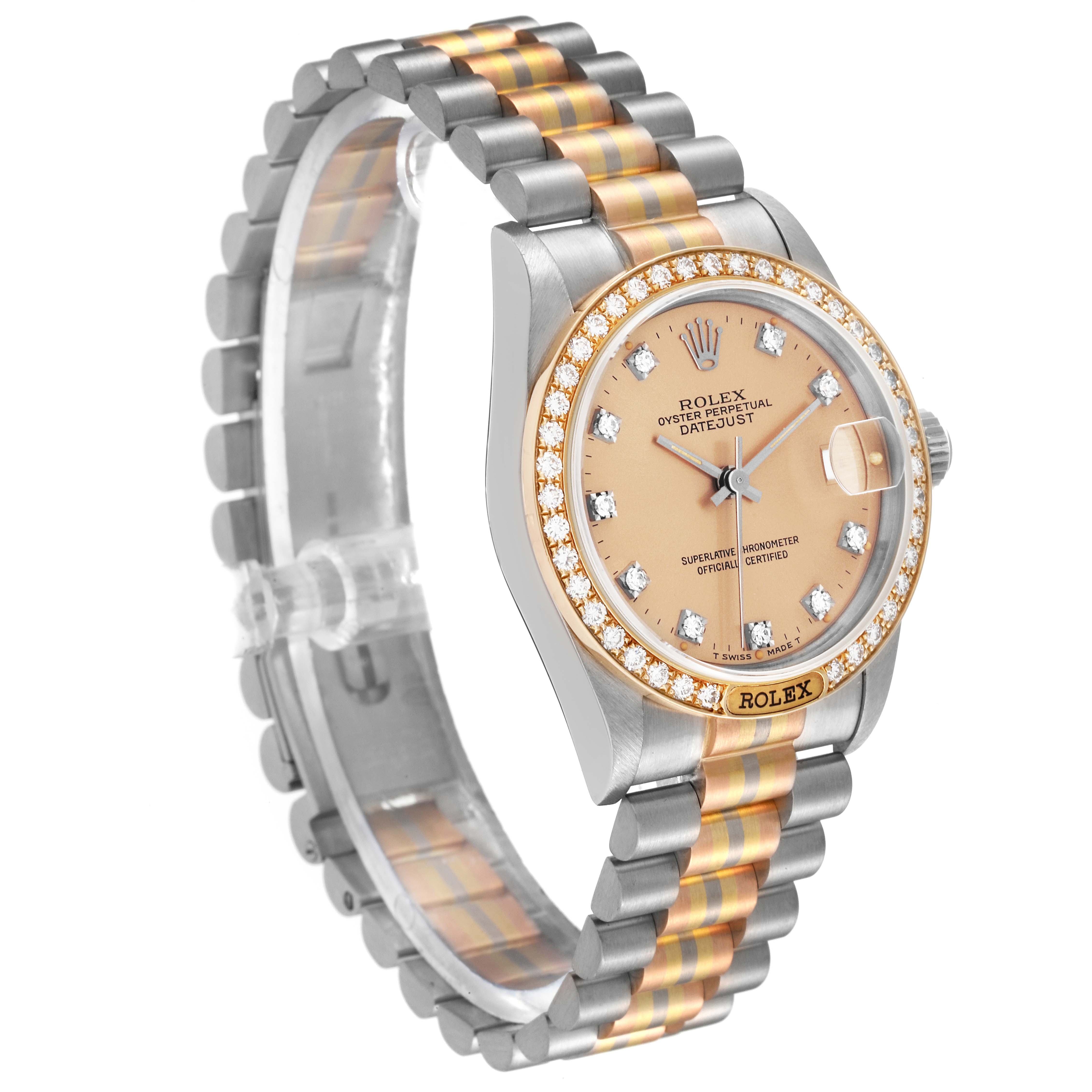 The Rolex President 68149 Women's White Gold Champagne Dial 68149 Women's White Gold Champagne Dial model watch is shown at an angle displaying its face, bezel, and two-tone bracelet.