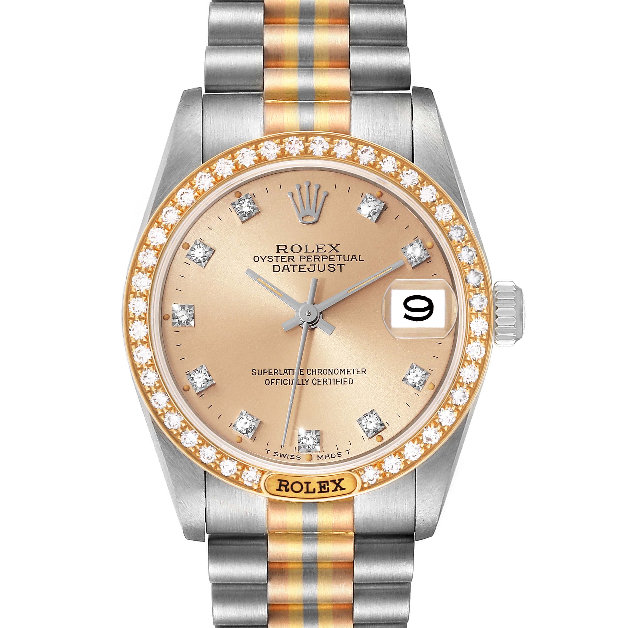 This Rolex President 68149 Women's White Gold Champagne Dial 68149 Women's White Gold Champagne Dial model watch is shown from the front, displaying the dial, bezel, crown, and part of the bracelet.