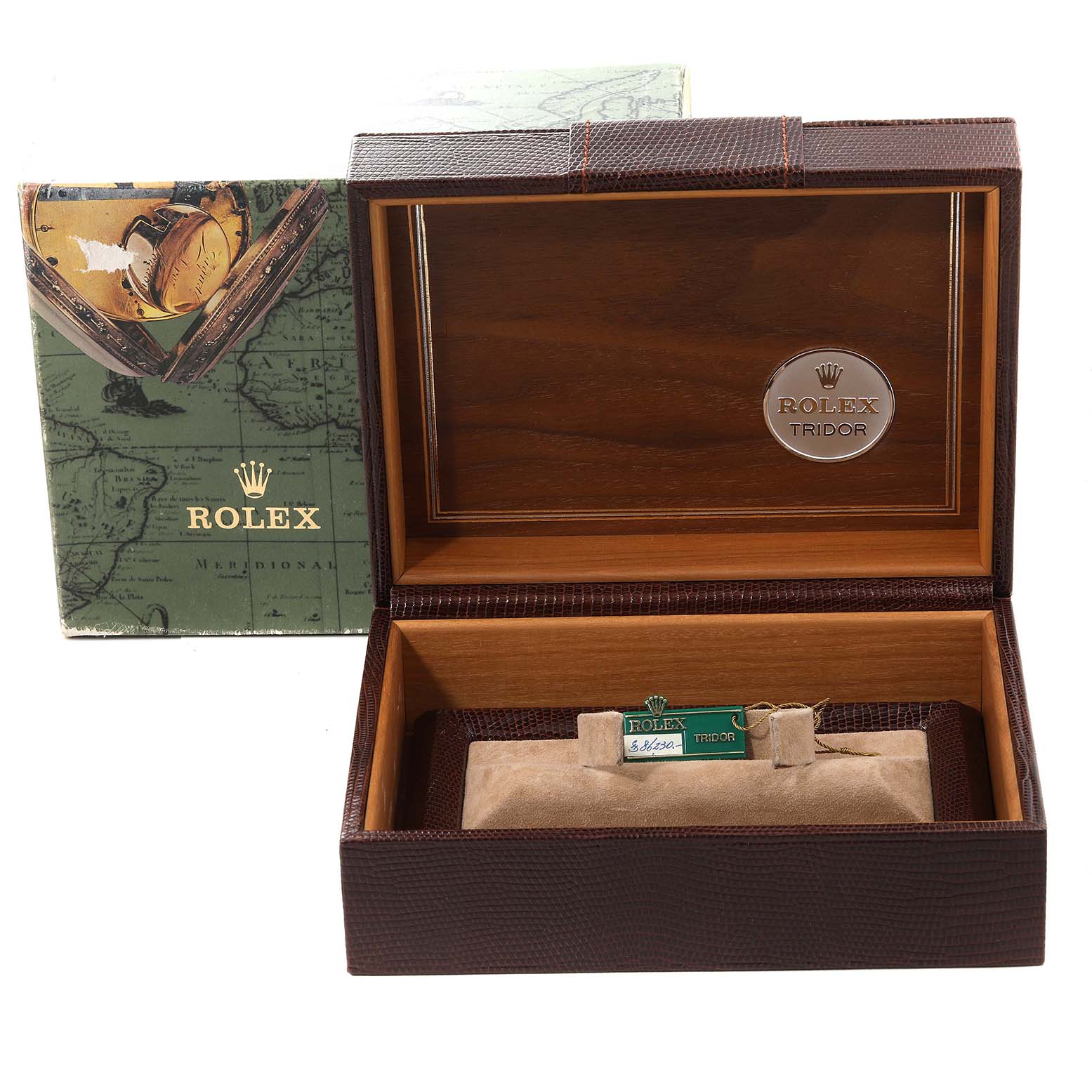 The image shows an open Rolex President 68149 Women's White Gold Champagne Dial 68149 Women's White Gold Champagne Dial model watch box with its internal cushion and an external Rolex packaging box.