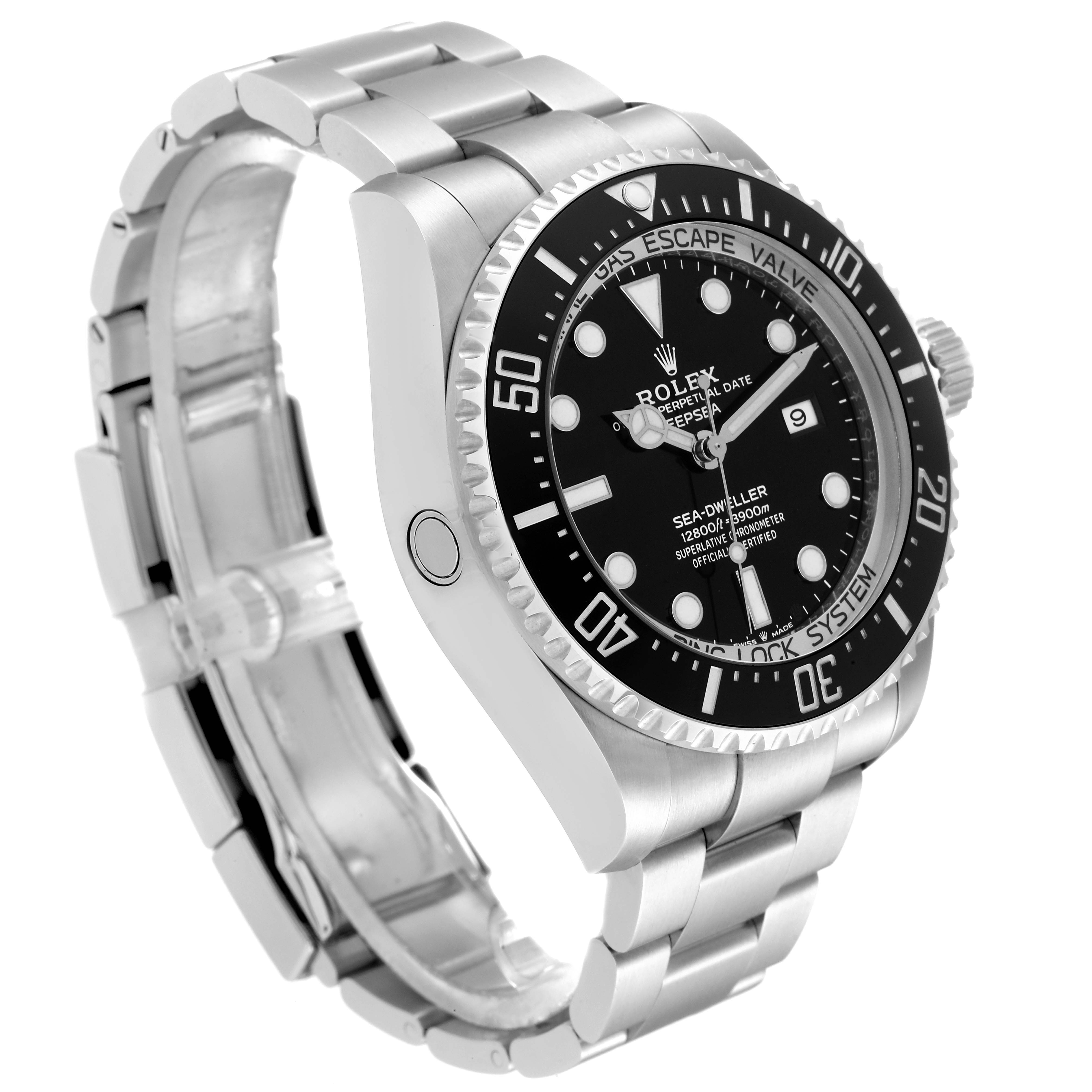 This image shows a Rolex Sea-Dweller 126660 Men
s Stainless Steel Black Dial 126660 Men
s Stainless Steel Black Dial watch at a three-quarter angle, highlighting the dial, bezel, and bracelet.