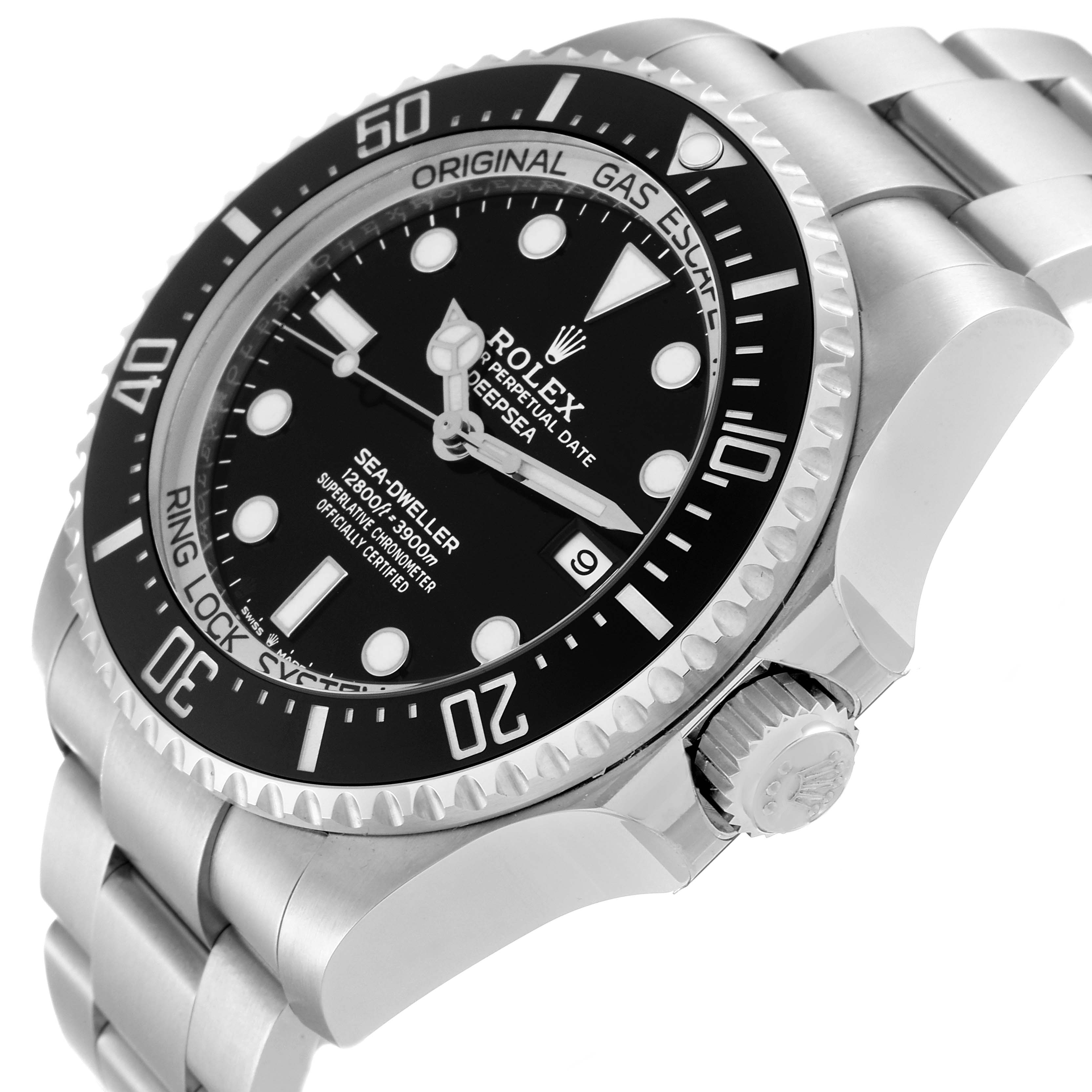 The image shows a close-up of the Rolex Sea-Dweller 126660 Men
s Stainless Steel Black Dial 126660 Men
s Stainless Steel Black Dial watch at a side angle, highlighting its bezel, dial, and crown.