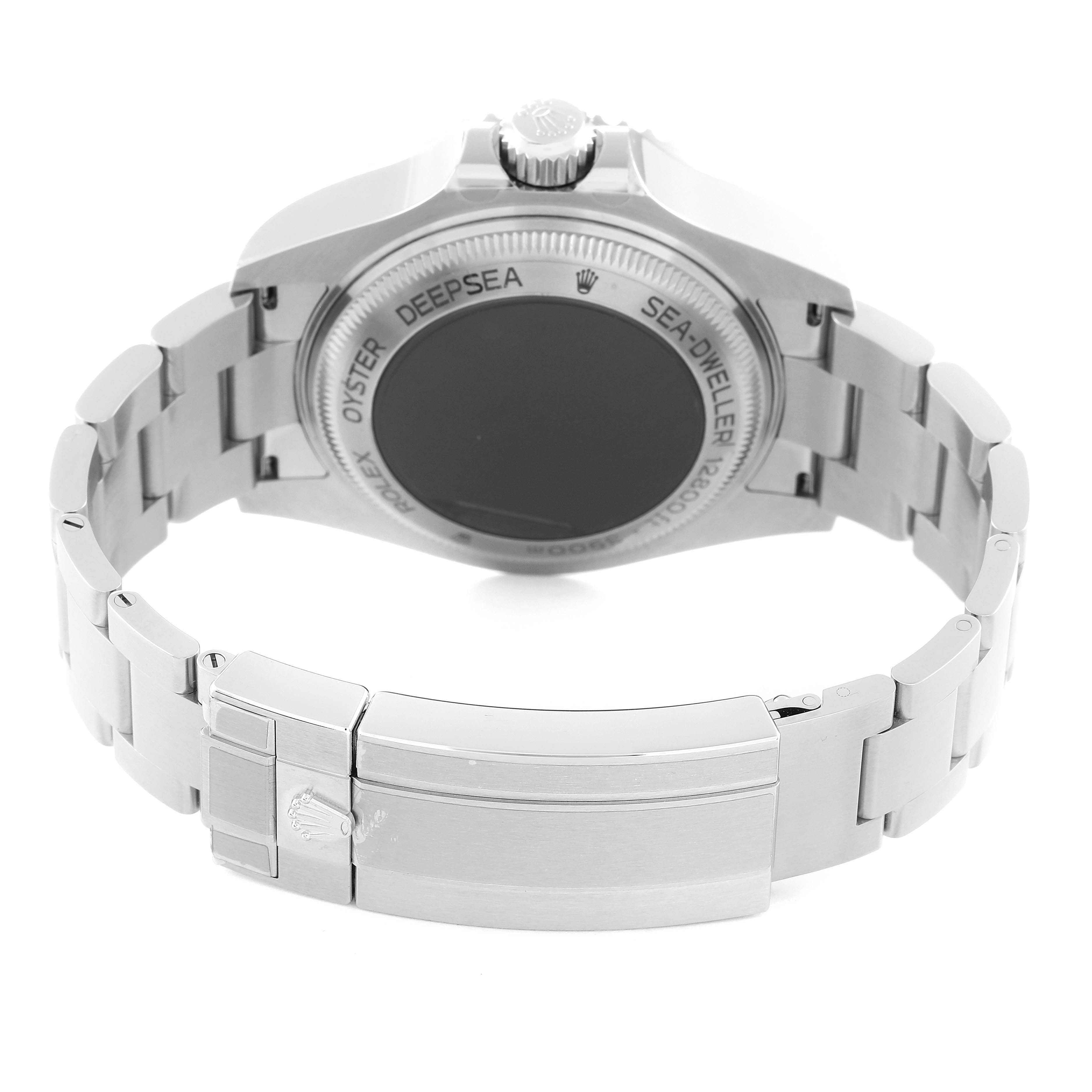 This image shows the back case, bracelet, and clasp of a Rolex Sea-Dweller 126660 Men
s Stainless Steel Black Dial 126660 Men
s Stainless Steel Black Dial watch from a rear angle.
