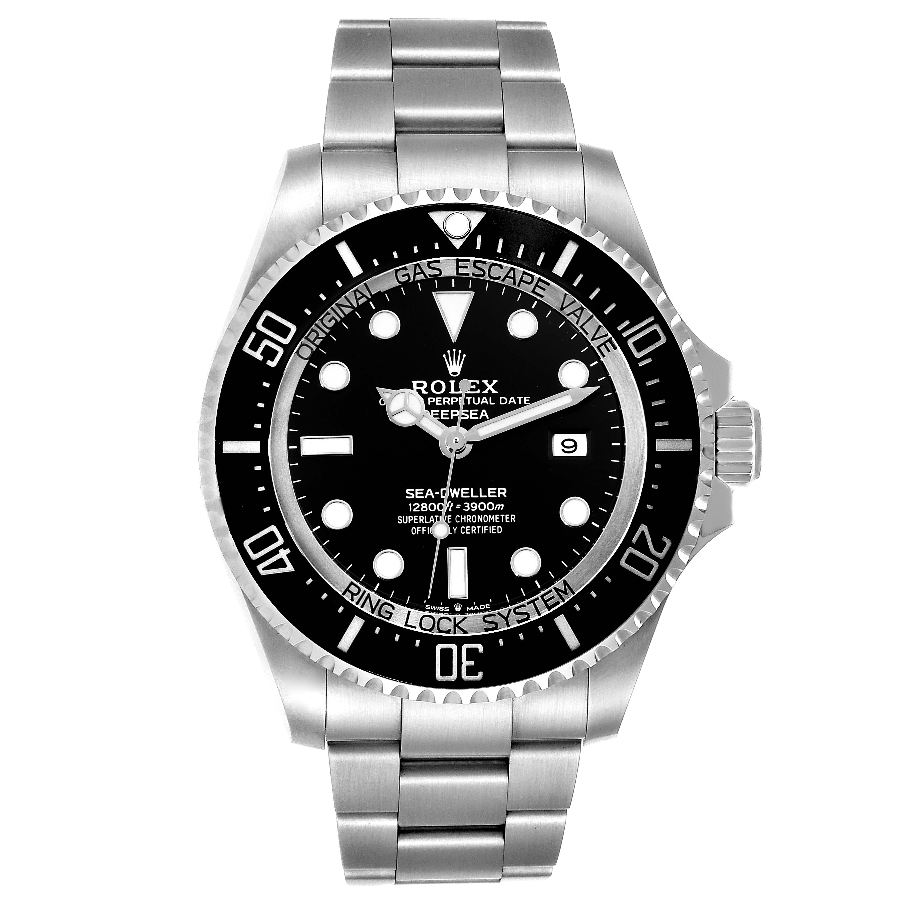 The image shows a front view of the Rolex Sea-Dweller 126660 Men
s Stainless Steel Black Dial 126660 Men
s Stainless Steel Black Dial watch, highlighting the dial, bezel, bracelet, and crown.