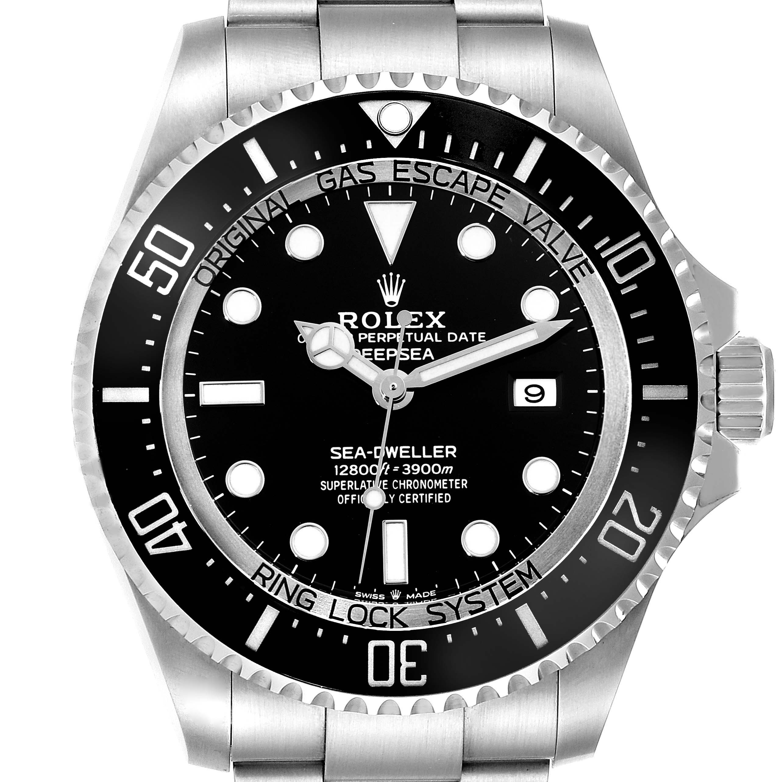 This image shows a front view of the Rolex Sea-Dweller 126660 Men
s Stainless Steel Black Dial 126660 Men
s Stainless Steel Black Dial watch, displaying its dial, bezel, crown, and bracelet.