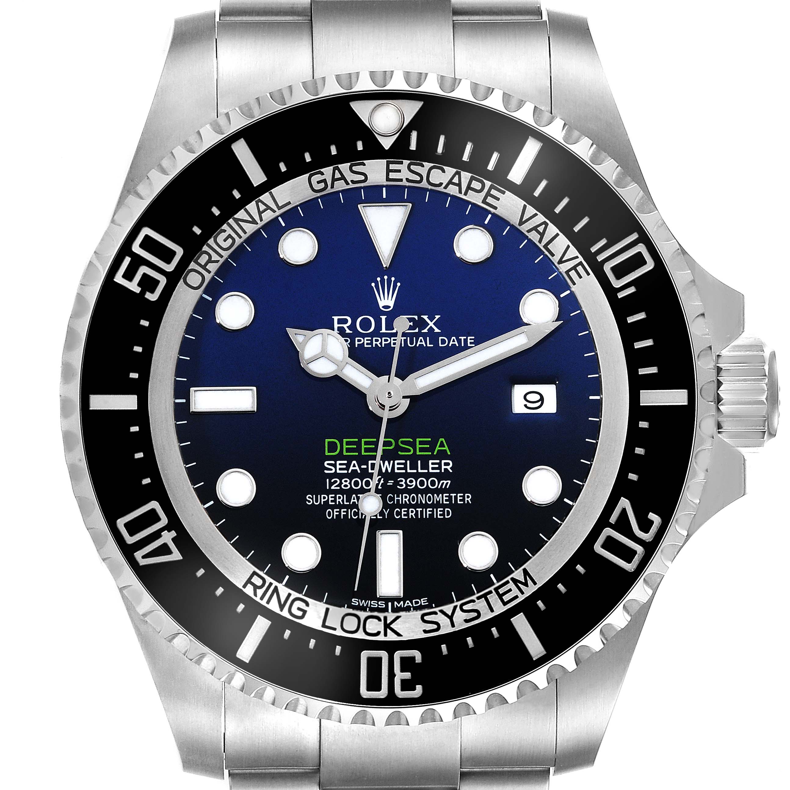 The image shows a front view of a Rolex Sea-Dweller 116660 Men's Stainless Steel Blue Dial 116660 Men's Stainless Steel Blue Dial watch, showcasing its face, bezel, and part of the bracelet.