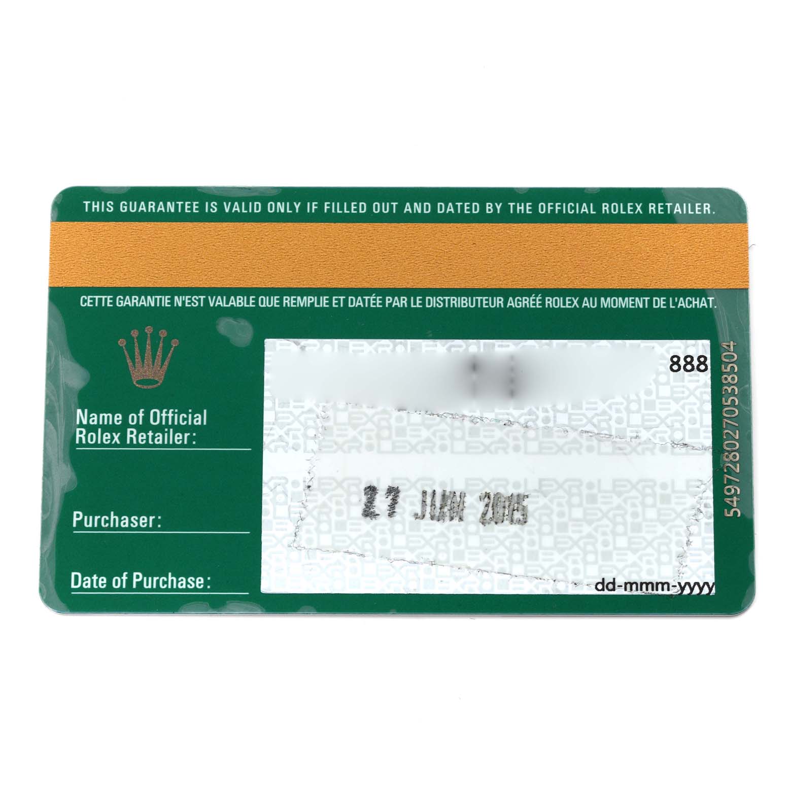 The image shows a Rolex Sea-Dweller 116660 Men's Stainless Steel Blue Dial 116660 Men's Stainless Steel Blue Dial warranty card, featuring official purchase and retailer details.