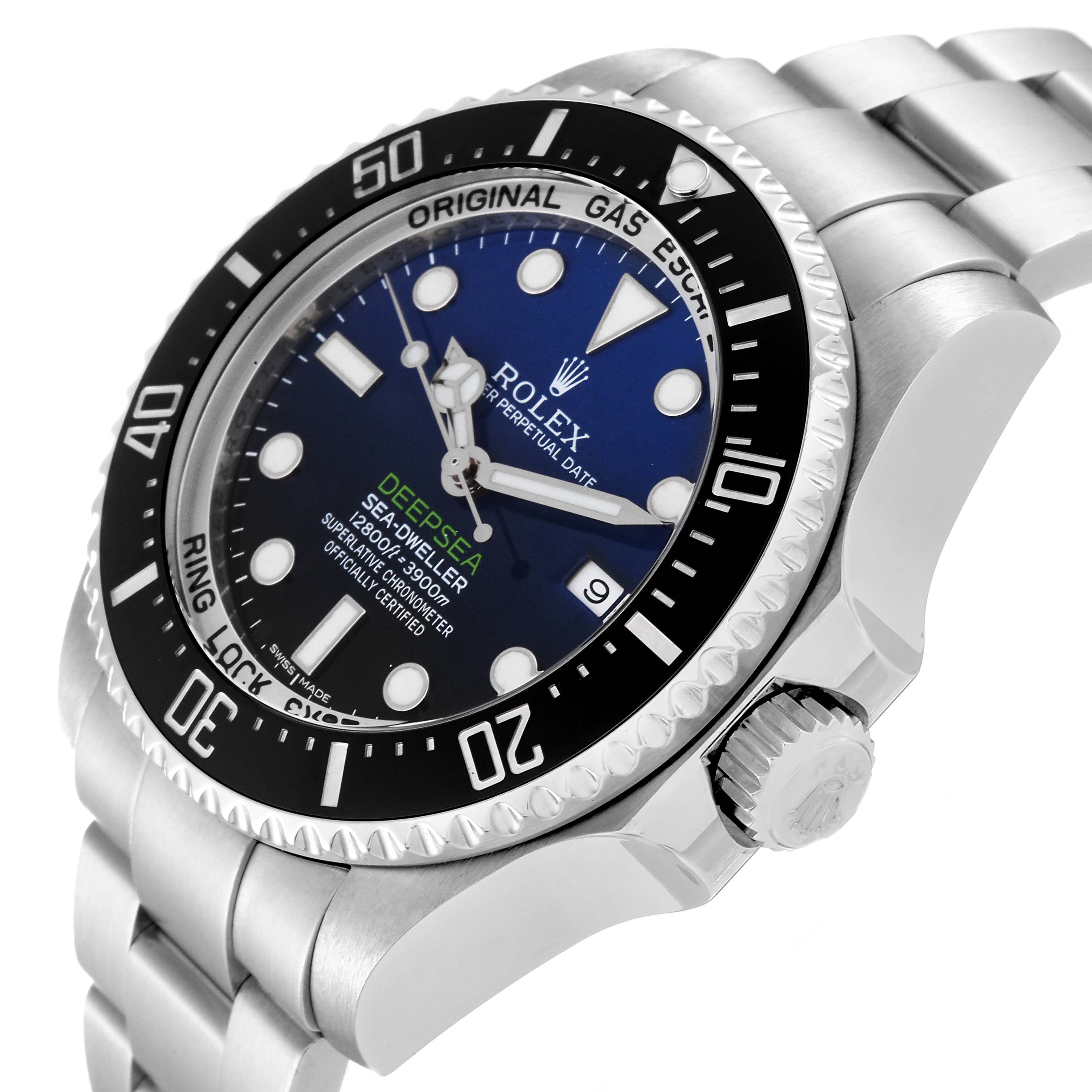 The Rolex Sea-Dweller 116660 Men's Stainless Steel Blue Dial 116660 Men's Stainless Steel Blue Dial watch is shown from a slightly tilted angle, highlighting its face, bezel, crown, and part of the bracelet.