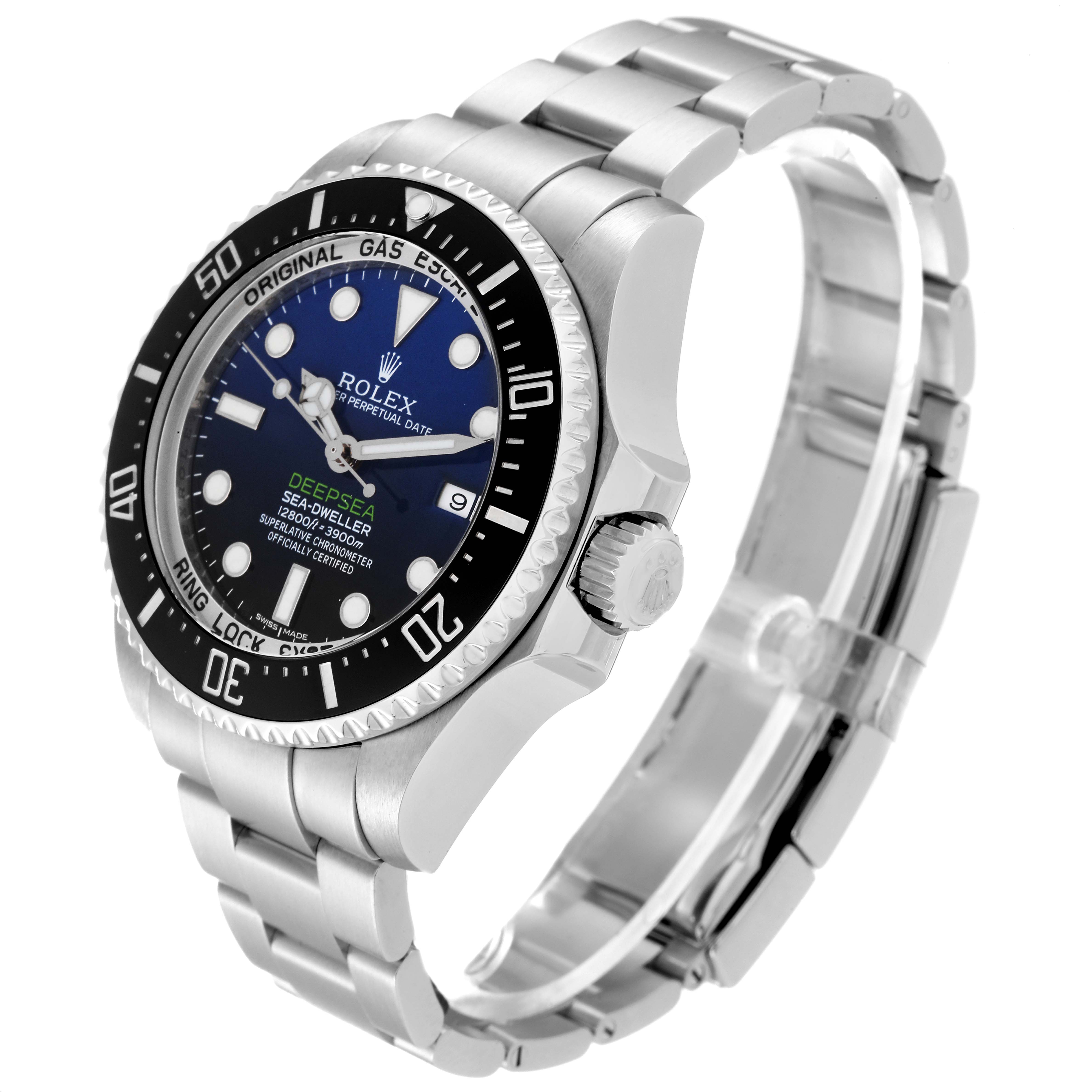 The Rolex Sea-Dweller 116660 Men's Stainless Steel Blue Dial 116660 Men's Stainless Steel Blue Dial watch is shown at a three-quarter angle, highlighting the bezel, crown, face, and bracelet.
