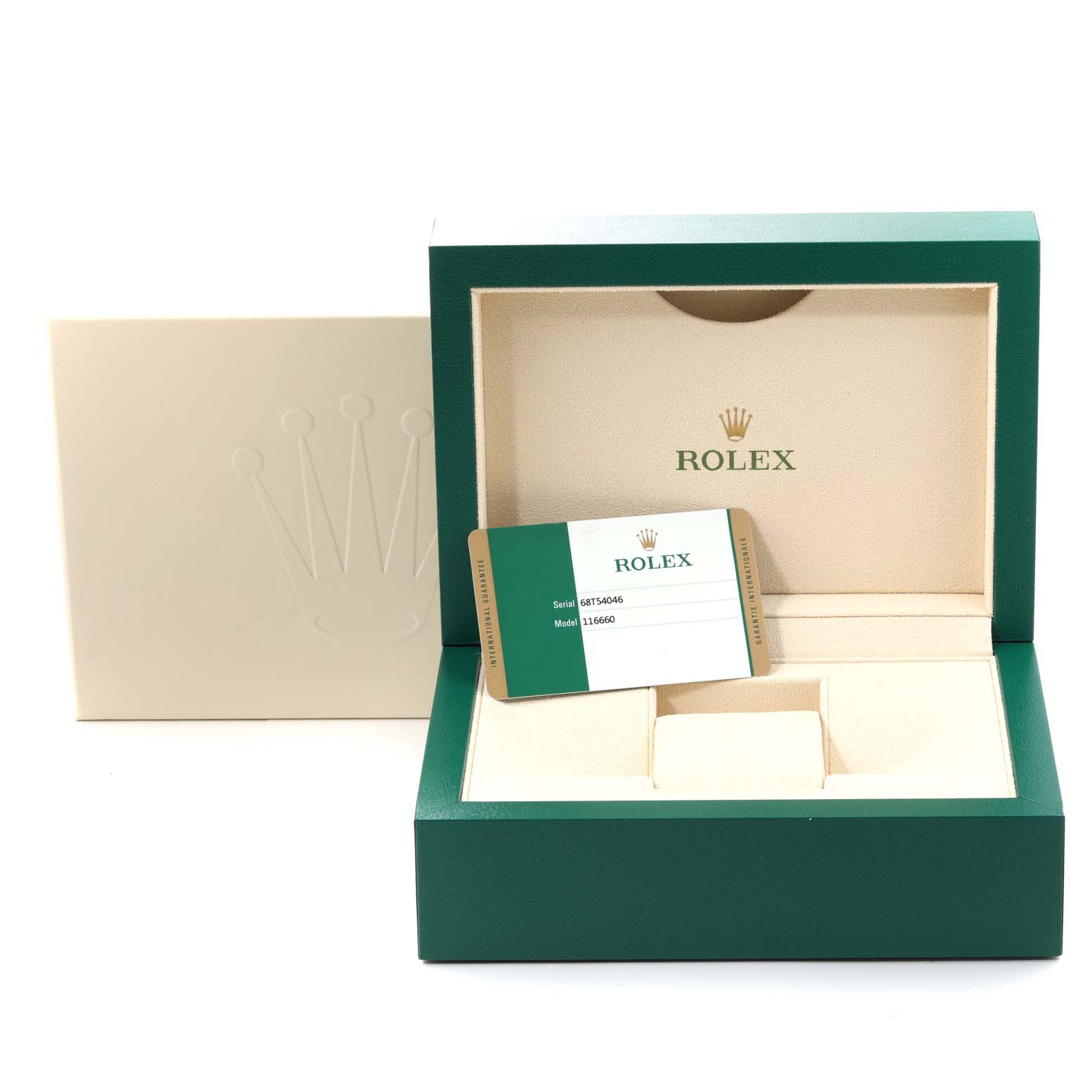 The image shows an open box of Rolex Sea-Dweller 116660 Men's Stainless Steel Blue Dial 116660 Men's Stainless Steel Blue Dial with the warranty card displayed in front.