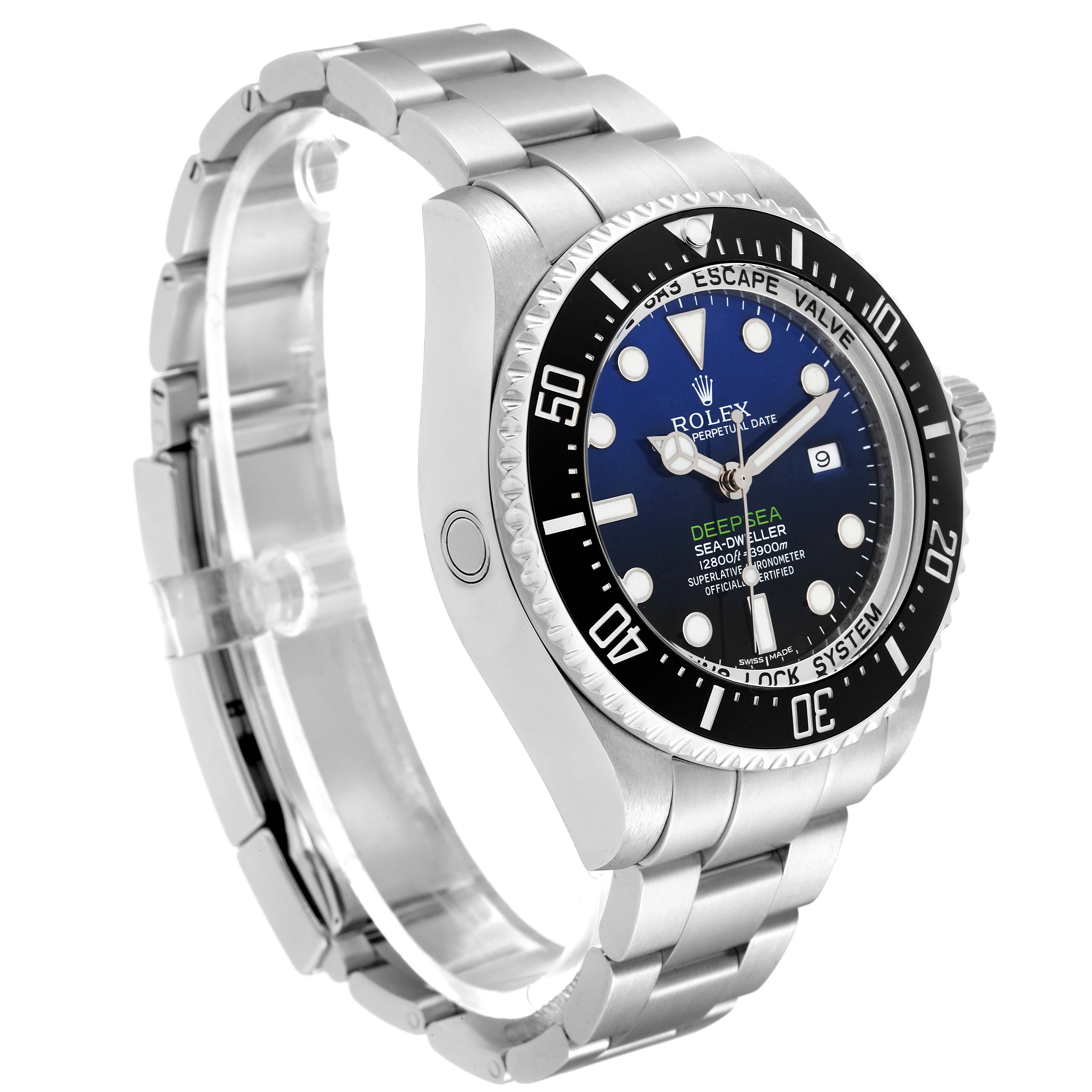 The image shows the side and front view of the Rolex Sea-Dweller 116660 Men's Stainless Steel Blue Dial 116660 Men's Stainless Steel Blue Dial, highlighting the bezel, dial, bracelet, and helium escape valve.