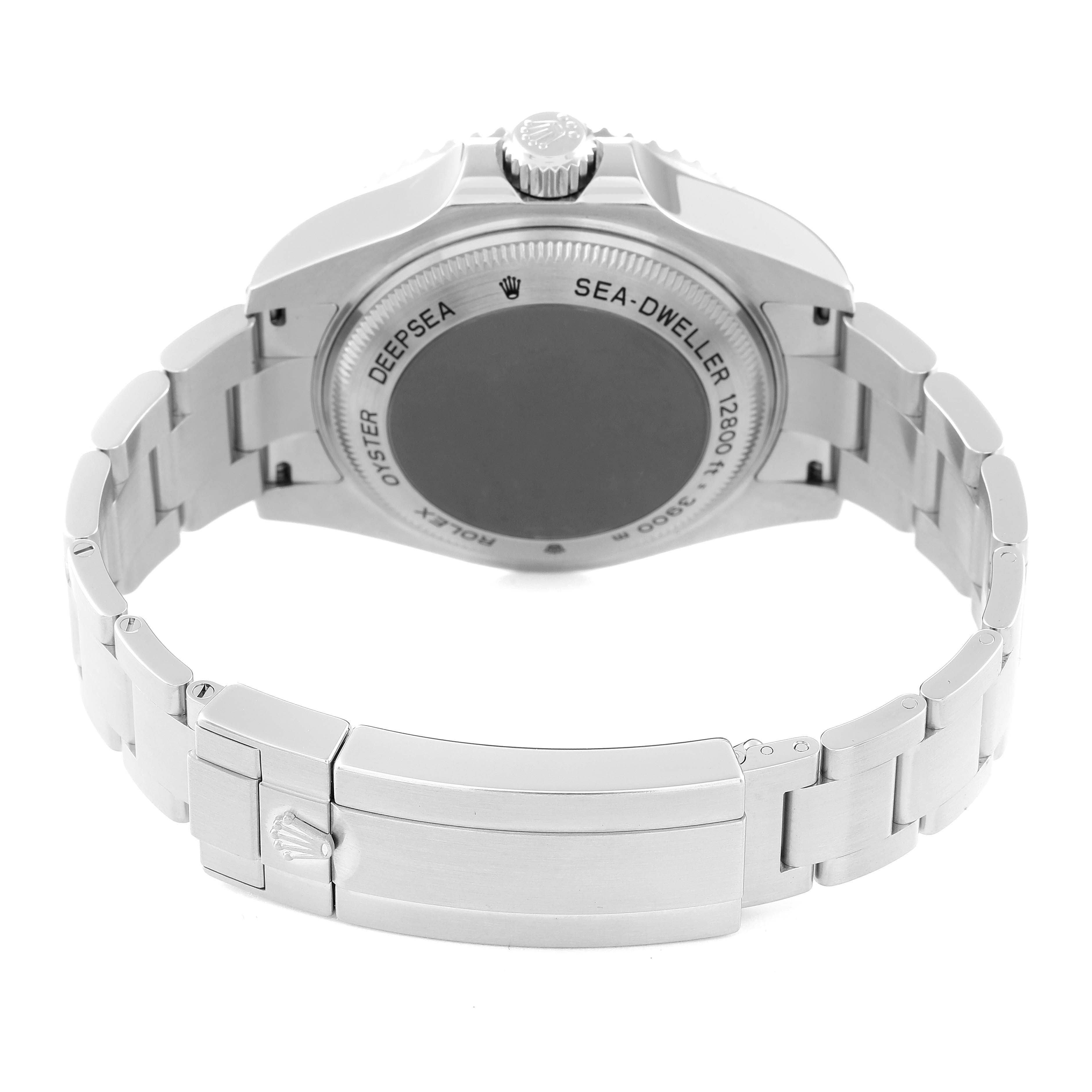 This image shows the back and bracelet of a Rolex Sea-Dweller 116660 Men's Stainless Steel Blue Dial 116660 Men's Stainless Steel Blue Dial watch at a rearward angle.