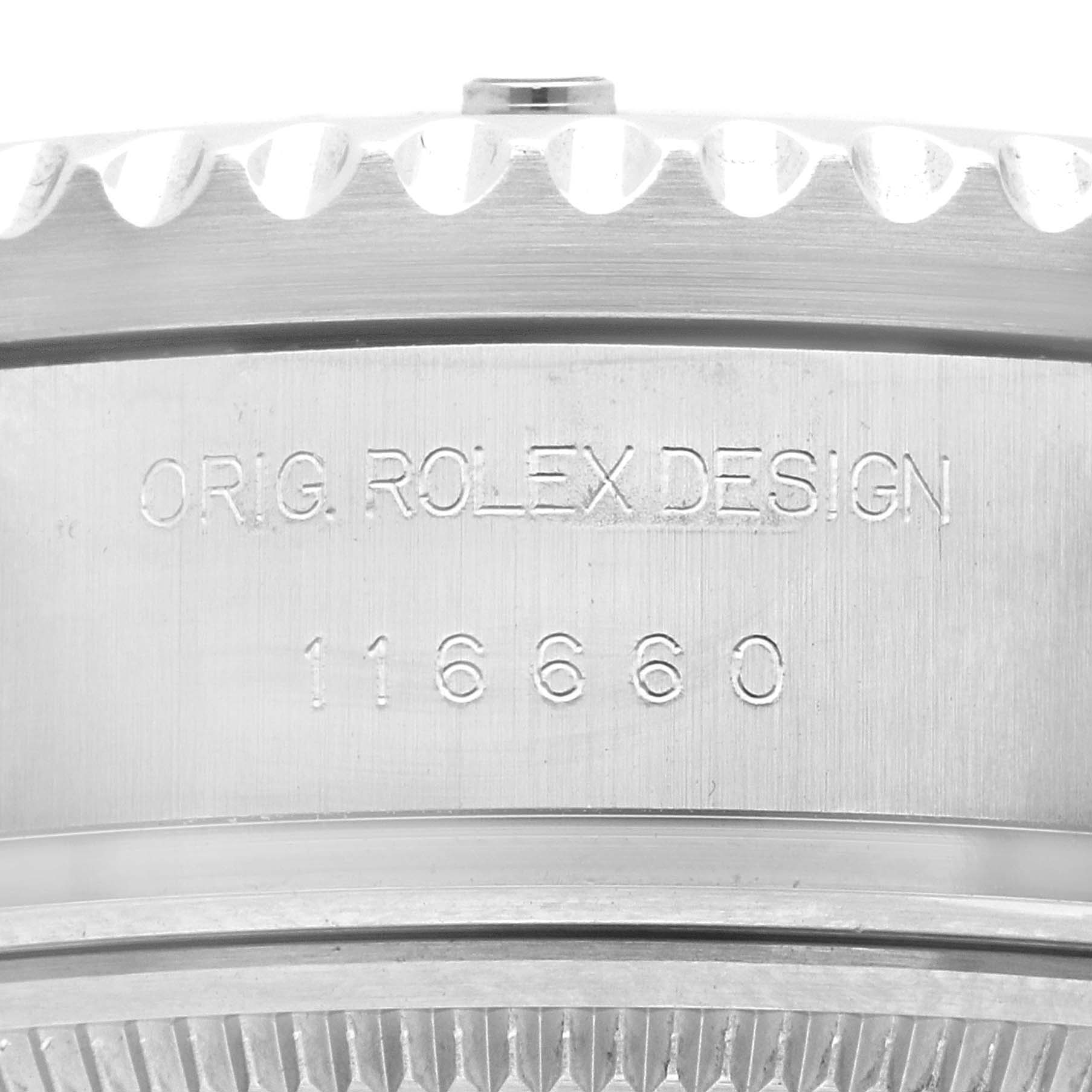 The image displays a close-up of the case back rim of the Rolex Sea-Dweller 116660 Men's Stainless Steel Blue Dial 116660 Men's Stainless Steel Blue Dial, highlighting the model number 116660 and "ORIG. ROLEX DESIGN" engraving.