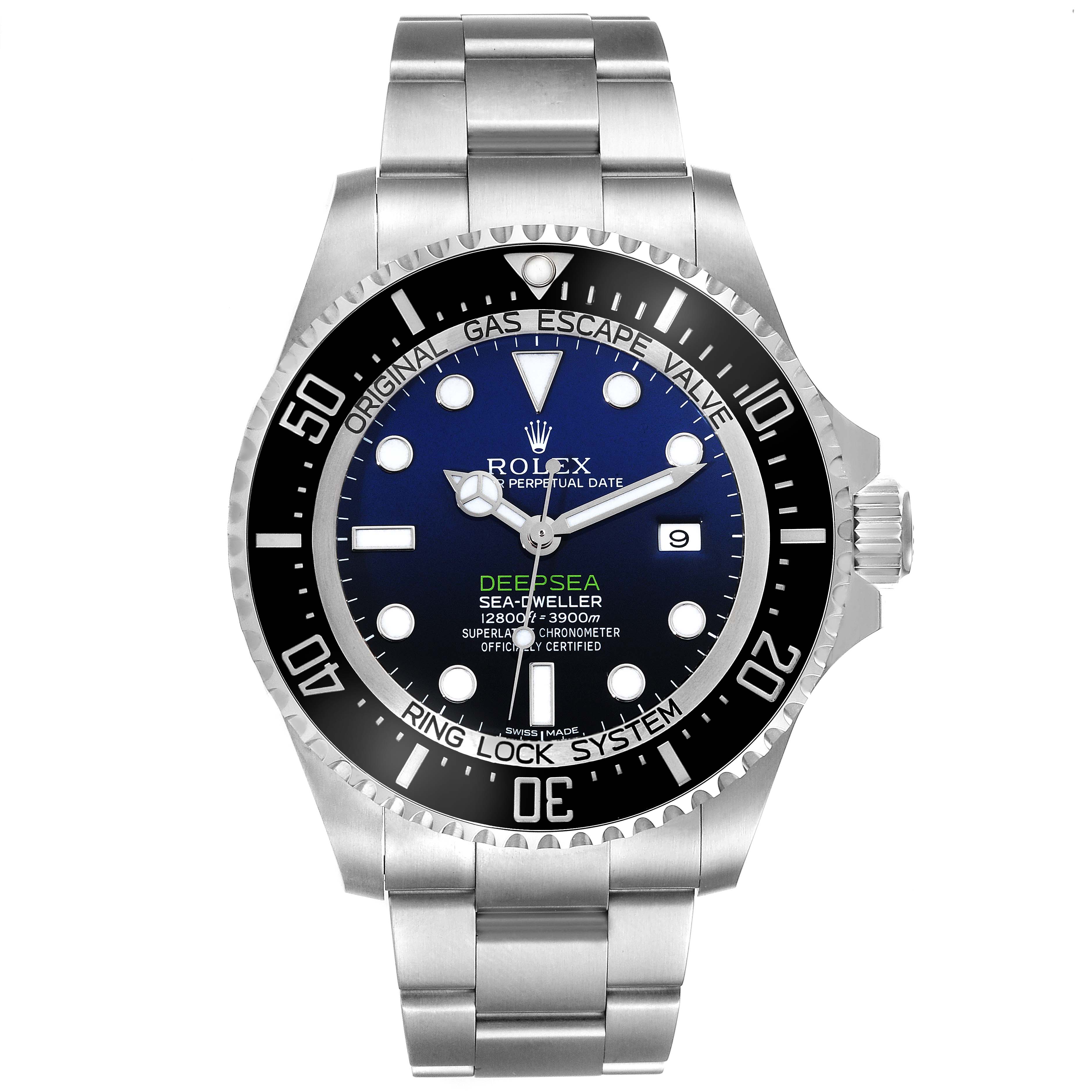 This image shows a front view of the Rolex Sea-Dweller 116660 Men's Stainless Steel Blue Dial 116660 Men's Stainless Steel Blue Dial watch, including the dial, bezel, crown, and bracelet.