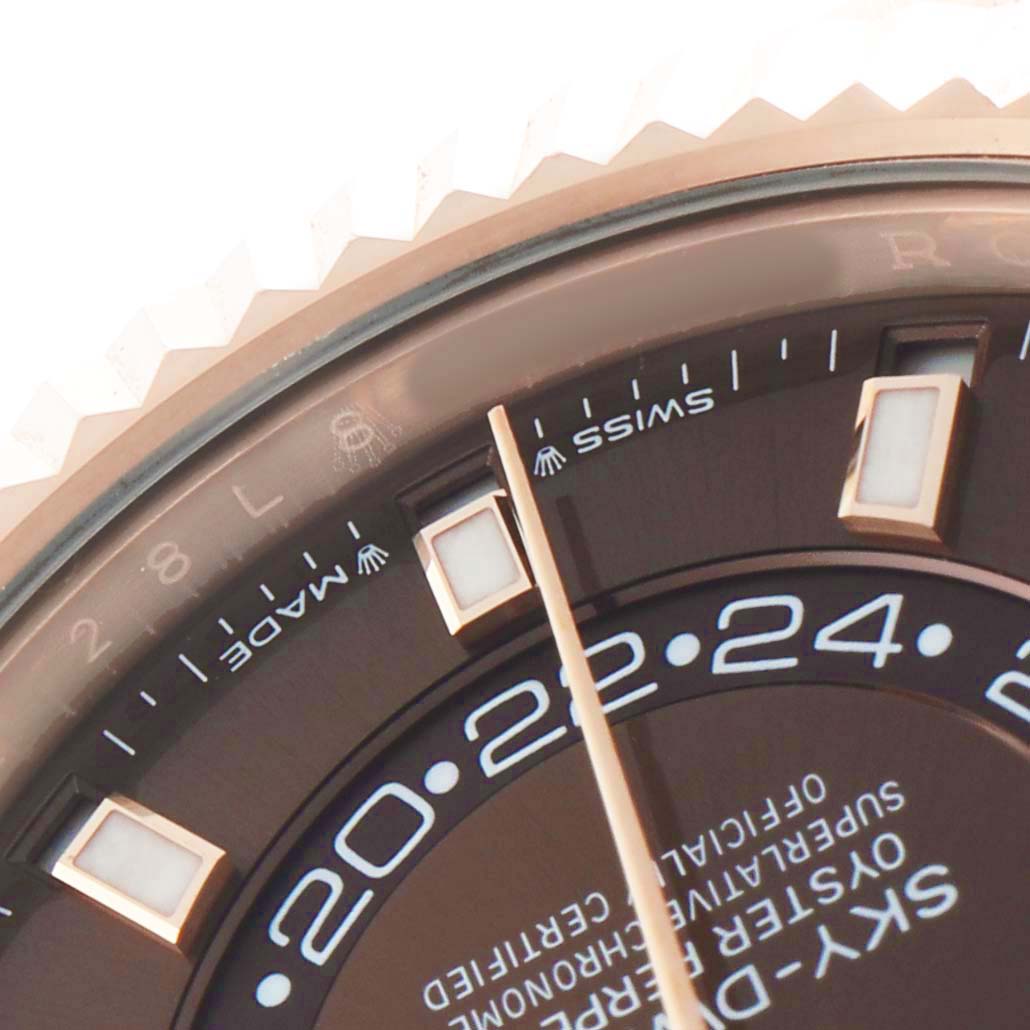 The image shows a close-up of the dial on a Rolex Sky-Dweller 336235 Men's Rose Gold Brown Dial, highlighting the hour markers and part of the 24-hour display.