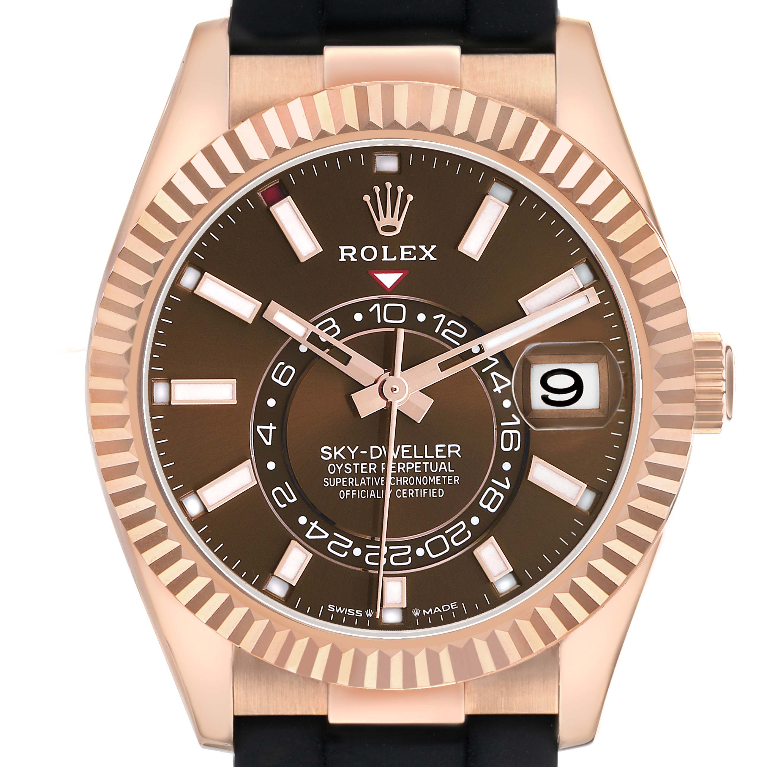 The Rolex Sky-Dweller 336235 Men's Rose Gold Brown Dial watch is shown from the front, highlighting the dial, hands, hour markers, and bezel.