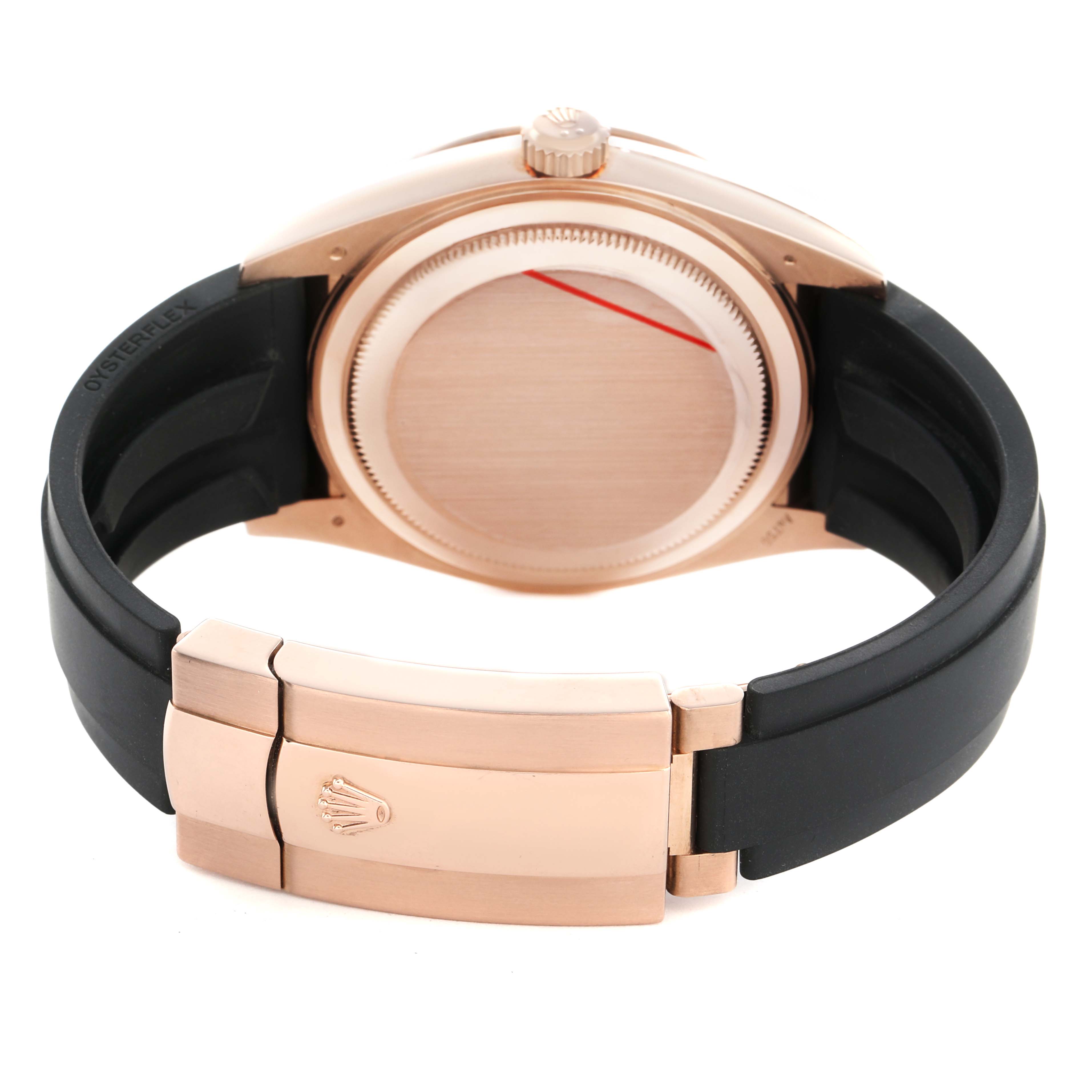 The image shows the back view of a Rolex Sky-Dweller 336235 Men's Rose Gold Brown Dial, highlighting the clasp and caseback with a black bracelet.