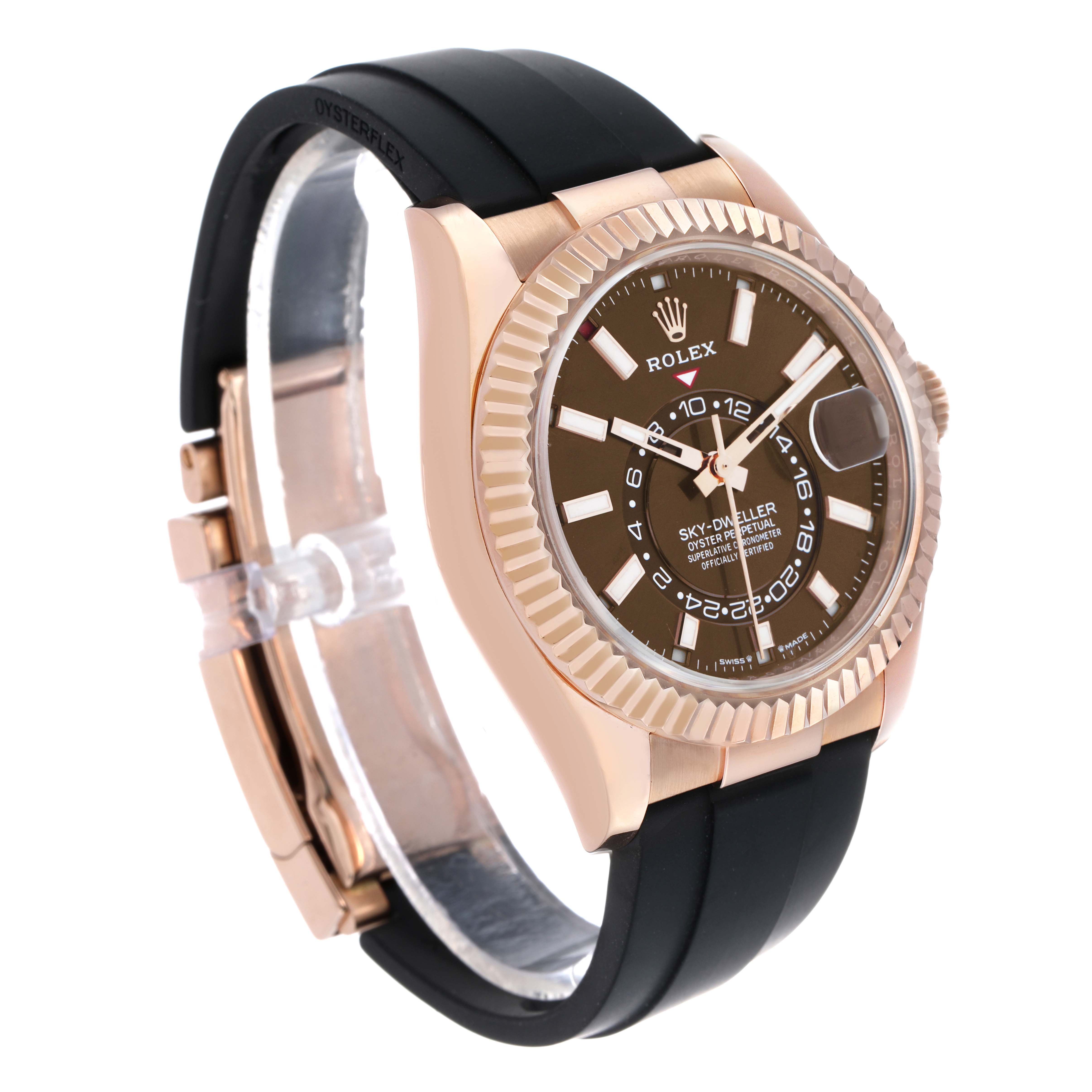 The Rolex Sky-Dweller 336235 Men's Rose Gold Brown Dial watch is shown from a three-quarter angle, highlighting its dial, bezel, case, and strap.