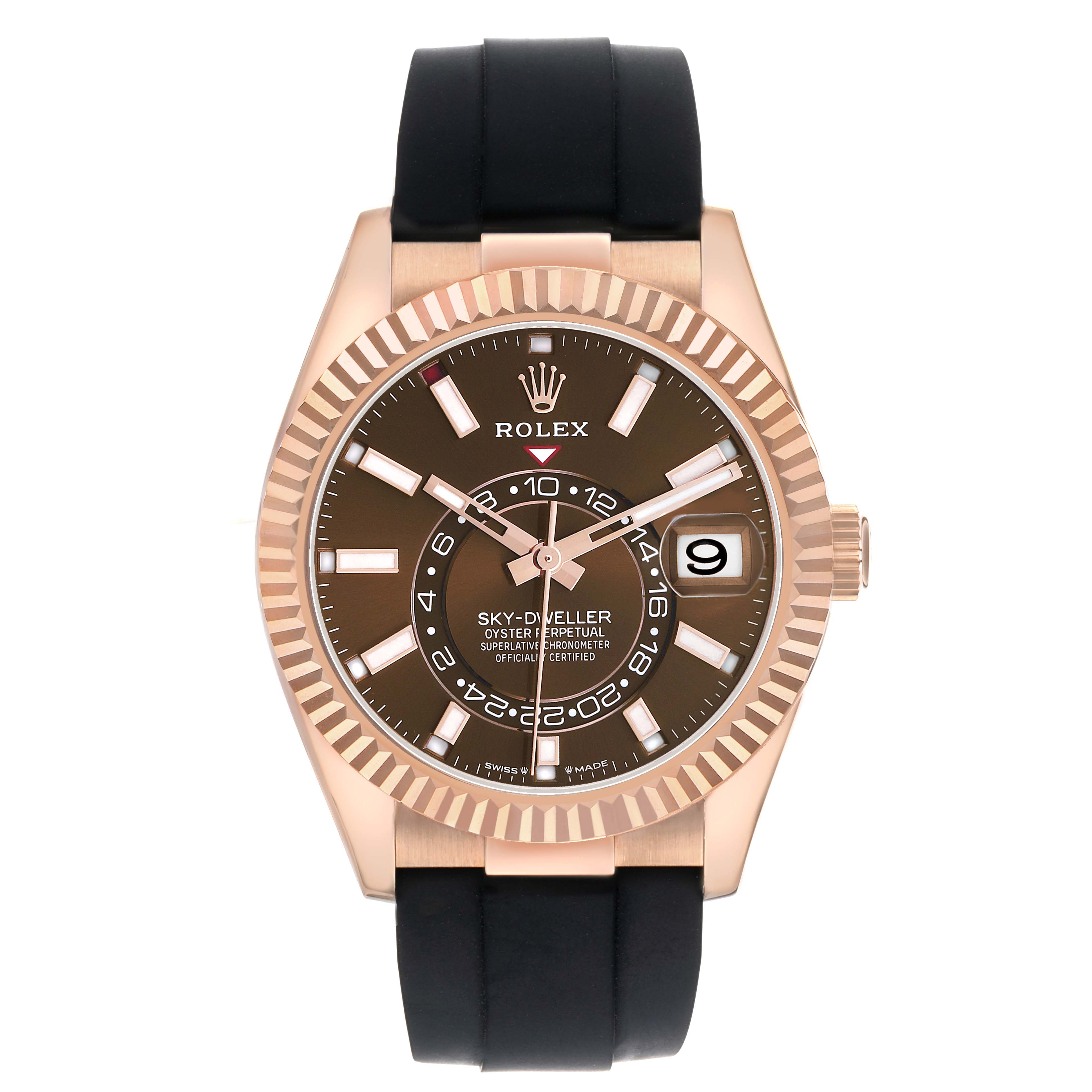 The Rolex Sky-Dweller 336235 Men's Rose Gold Brown Dial watch is shown from the front, highlighting the dial, hands, date window, and bezel.