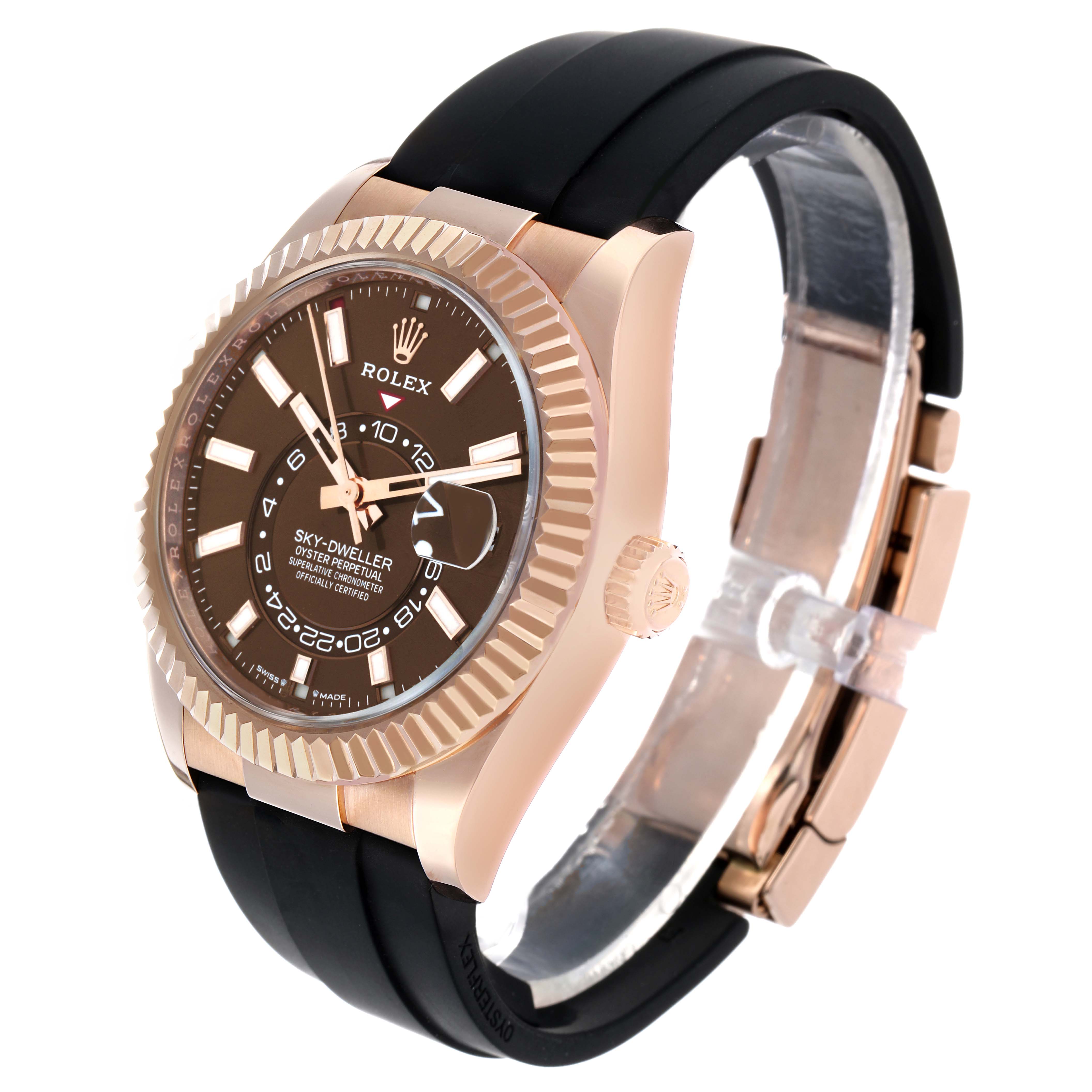 The Rolex Sky-Dweller 336235 Men's Rose Gold Brown Dial watch is shown from a front and slight side angle, displaying the dial, bezel, crown, and strap.