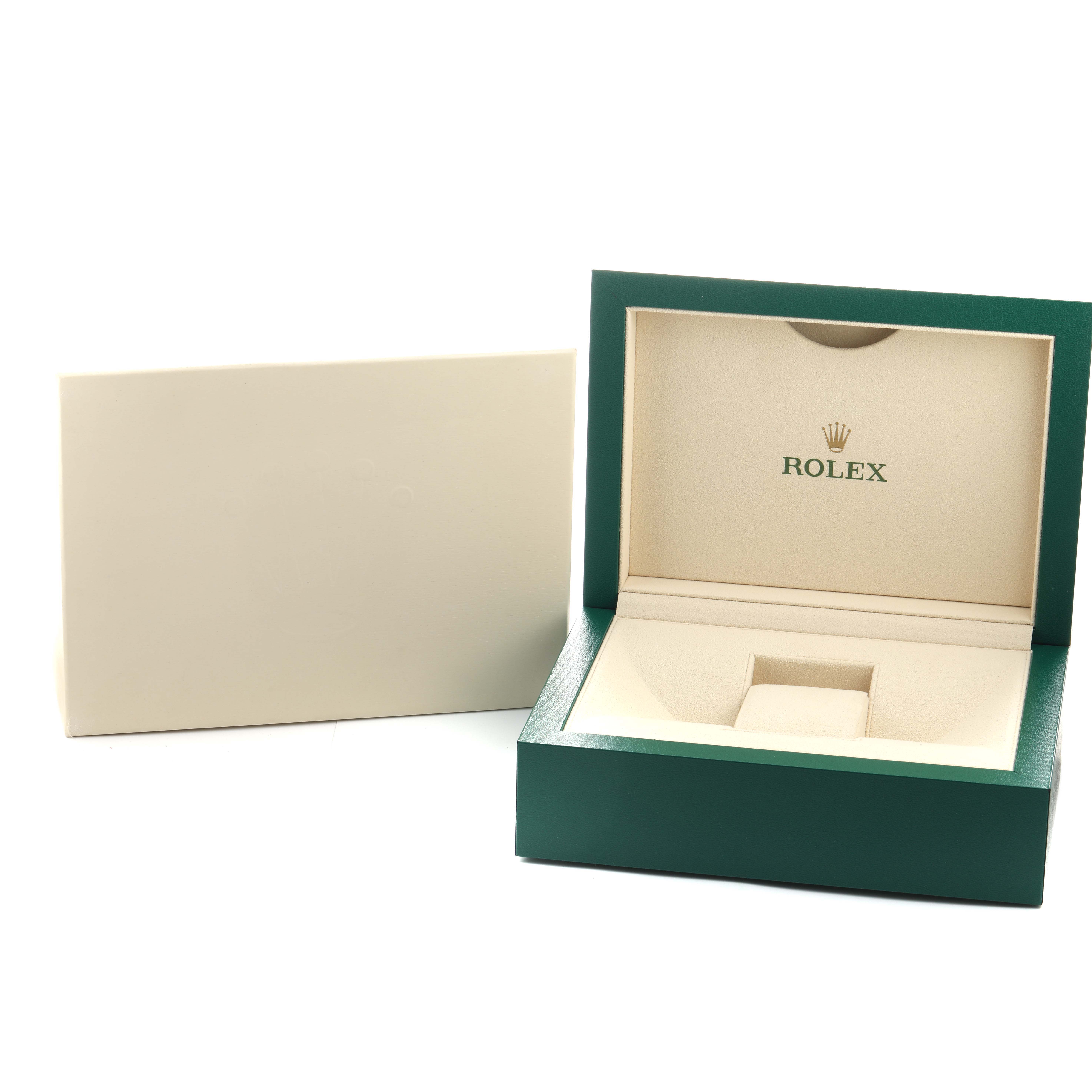The image shows a Rolex Sky-Dweller 336235 Men's Rose Gold Brown Dial watch box open, with a cream interior and a closed outer sleeve beside it.
