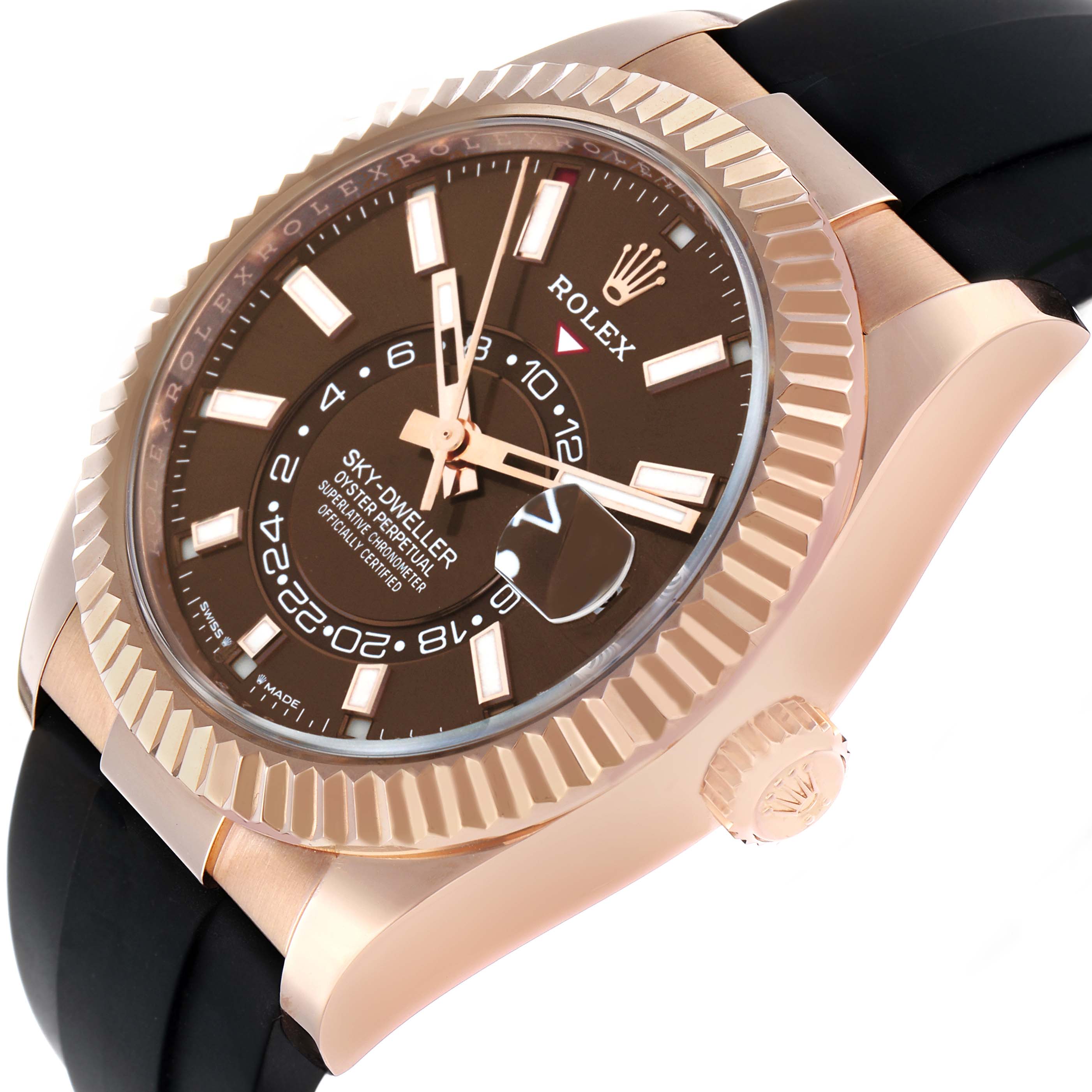 The image shows the Rolex Sky-Dweller 336235 Men's Rose Gold Brown Dial watch at a side angle, highlighting the bezel, dial, and crown.