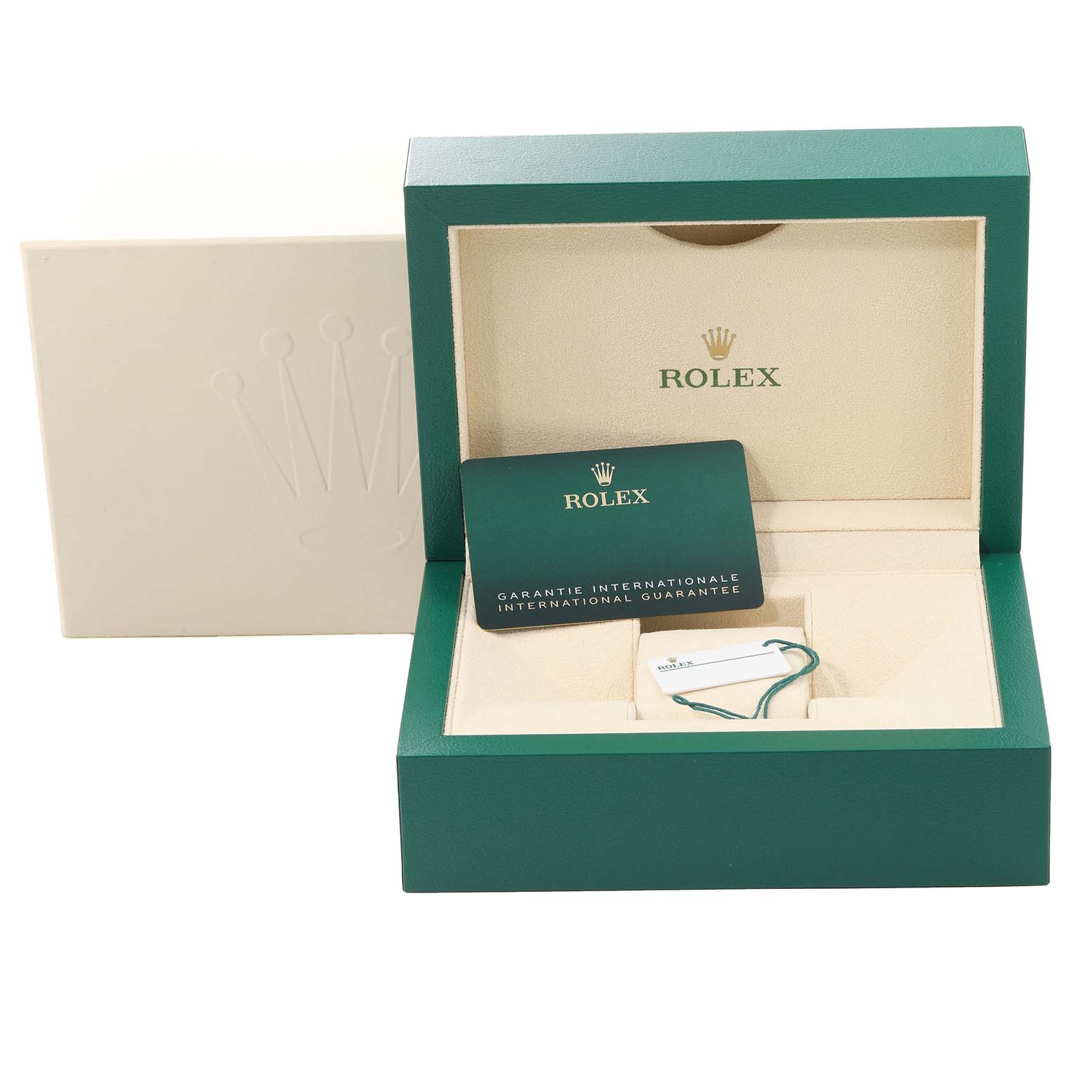 This image shows the accessories and packaging for a Rolex Submariner 126613LB Men
s Steel and Gold (two tone) Blue Dial 126613LB Men
s Steel and Gold (two tone) Blue Dial, including the box and guarantee card.