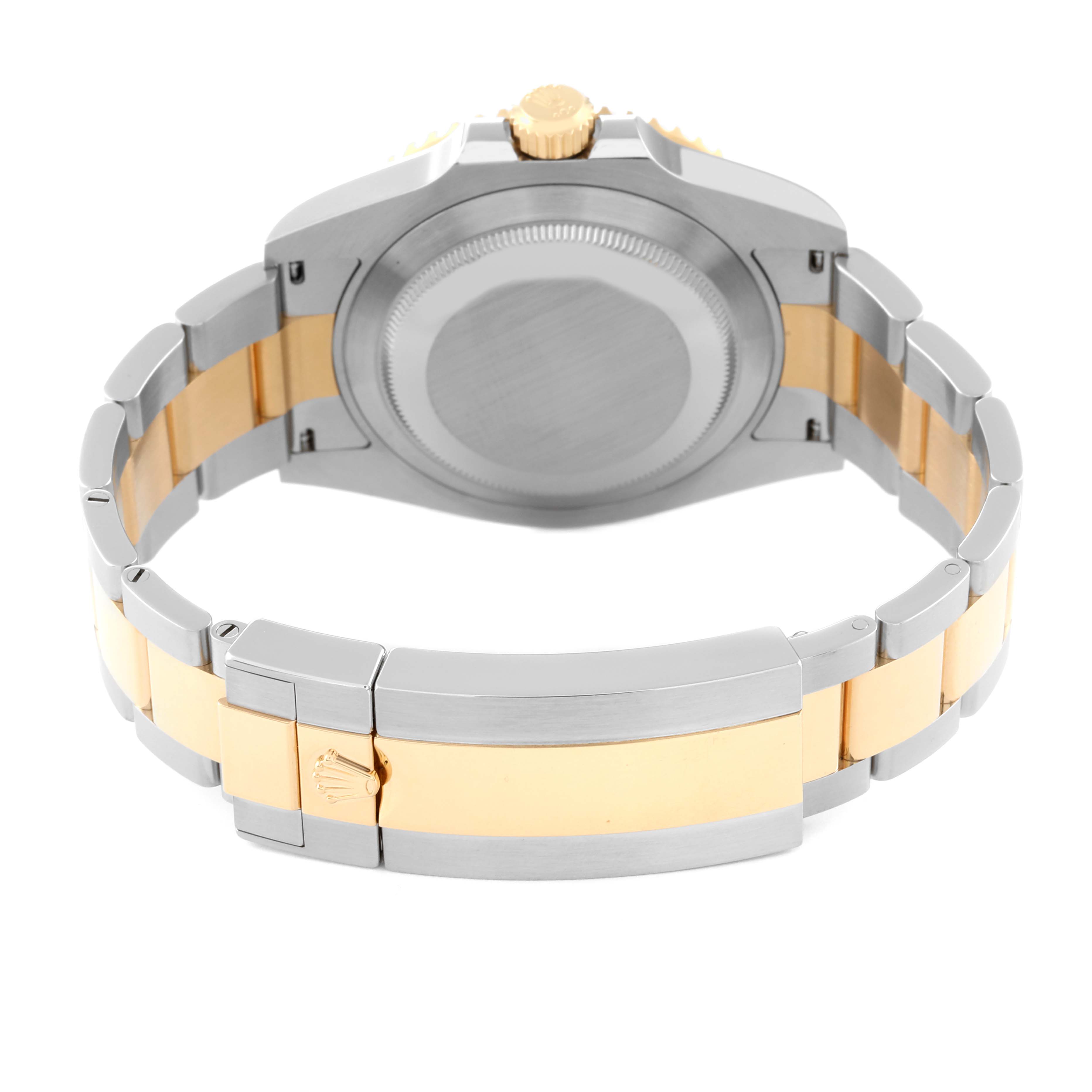 This image shows the back case and bracelet of a Rolex Submariner 126613LB Men
s Steel and Gold (two tone) Blue Dial 126613LB Men
s Steel and Gold (two tone) Blue Dial watch, with a focus on the clasp and two-tone links.