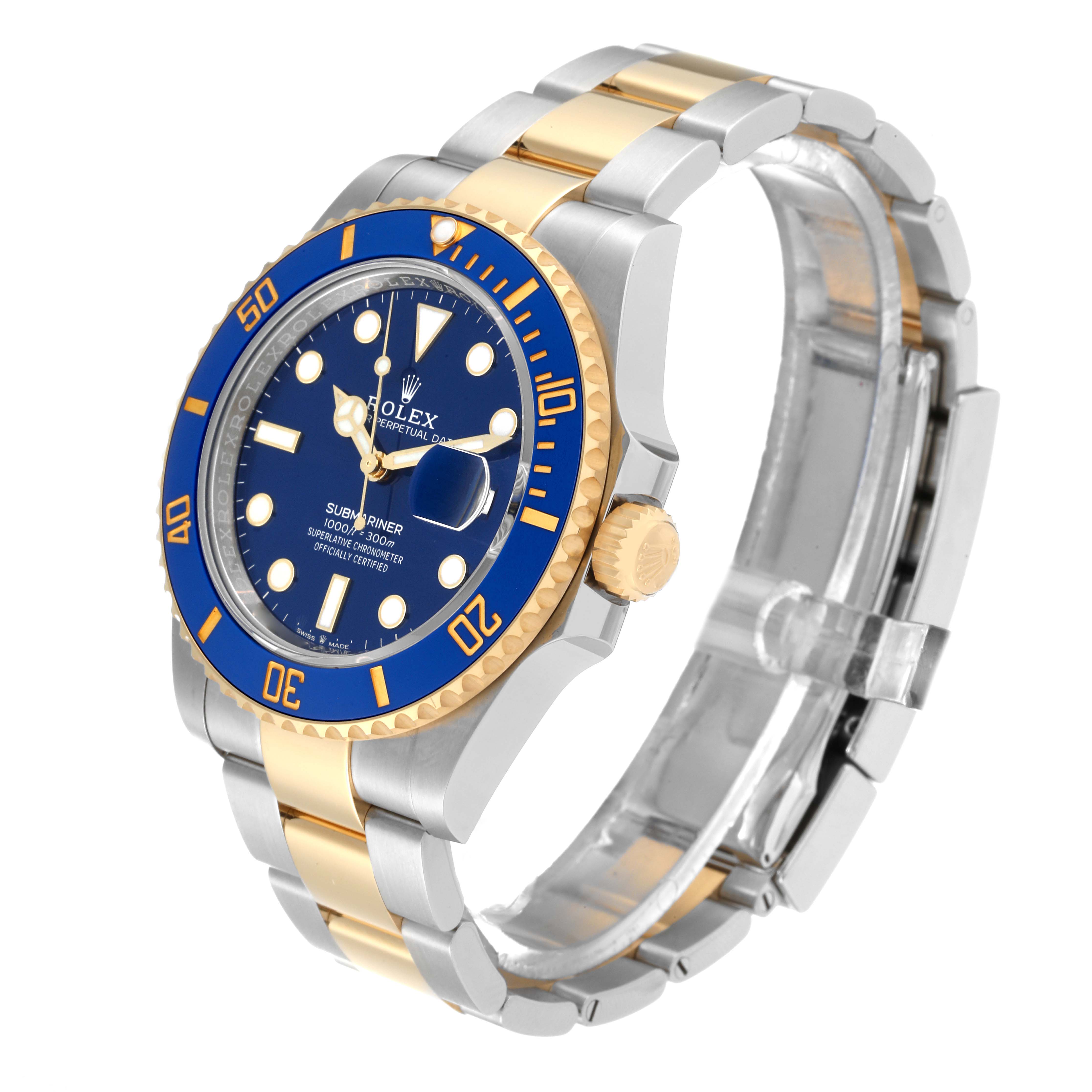 The Rolex Submariner 126613LB Men
s Steel and Gold (two tone) Blue Dial 126613LB Men
s Steel and Gold (two tone) Blue Dial watch is shown at a slight side angle, highlighting its blue dial, two-tone bracelet, and rotating bezel.