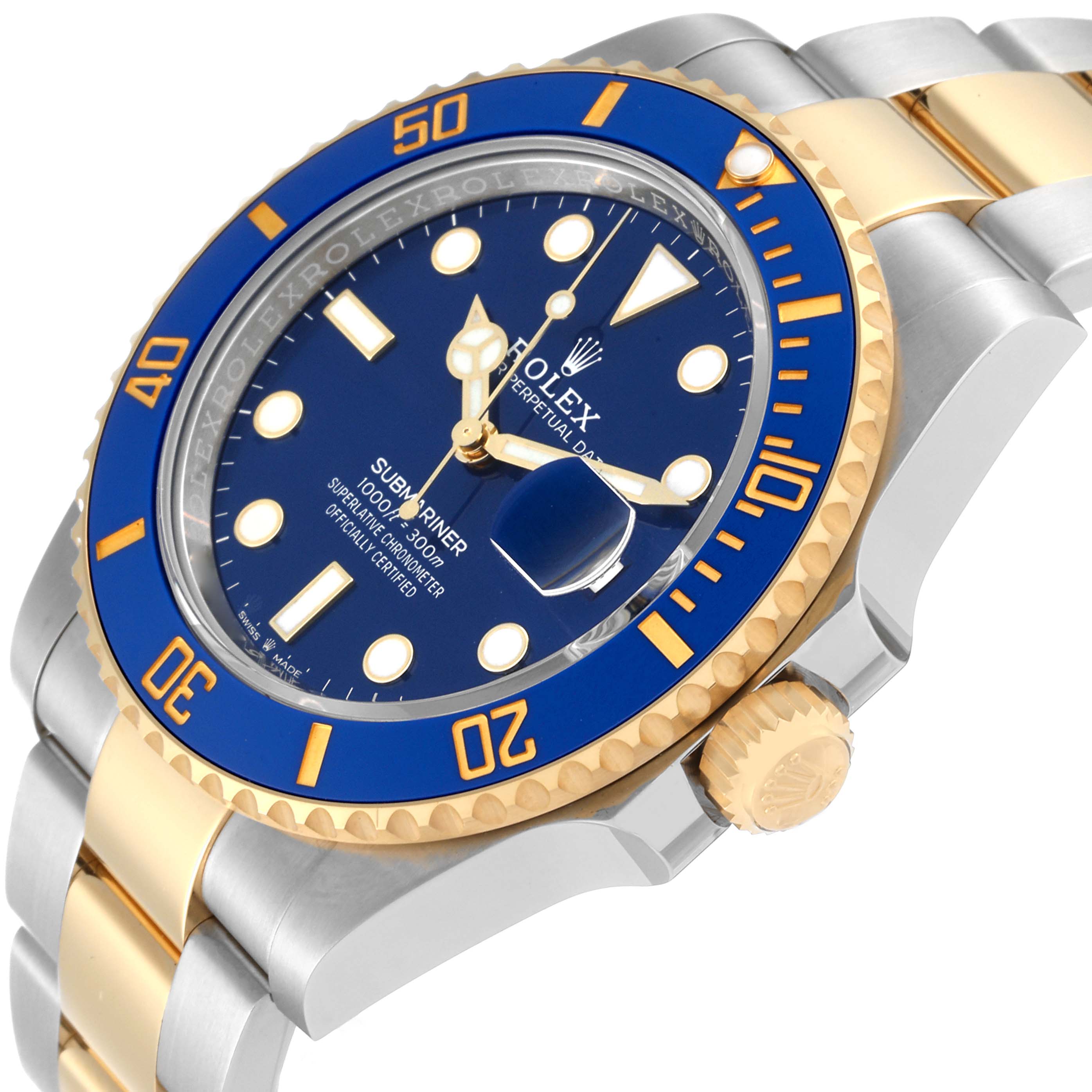 This image shows a close-up angled view of a Rolex Submariner 126613LB Men
s Steel and Gold (two tone) Blue Dial 126613LB Men
s Steel and Gold (two tone) Blue Dial watch, highlighting the bezel, dial, and part of the bracelet.