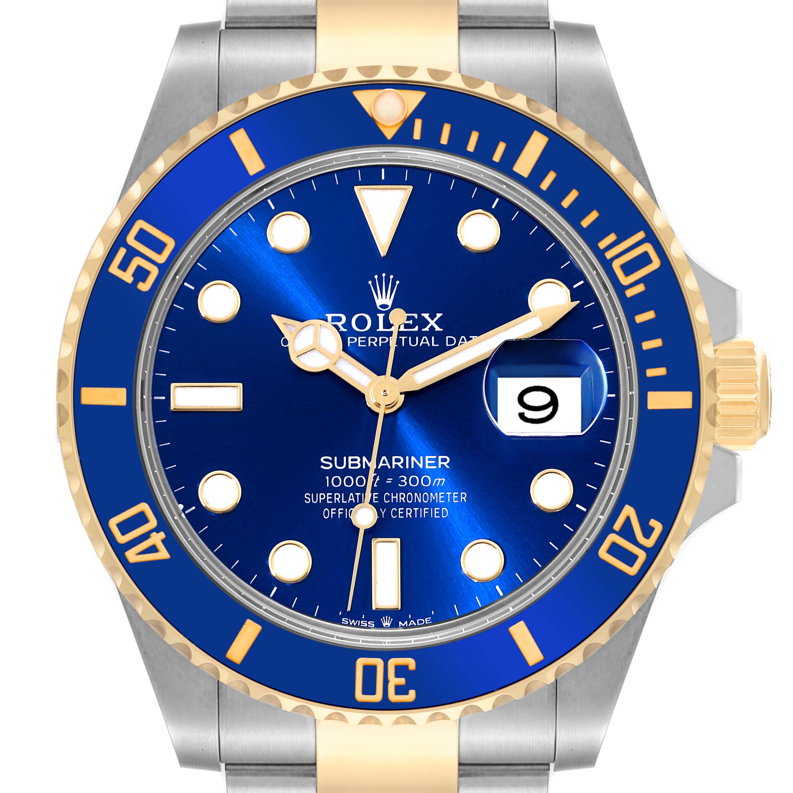 This Rolex Submariner 126613LB Men
s Steel and Gold (two tone) Blue Dial 126613LB Men
s Steel and Gold (two tone) Blue Dial is shown from a front angle, highlighting its blue dial, date display, and gold accents.