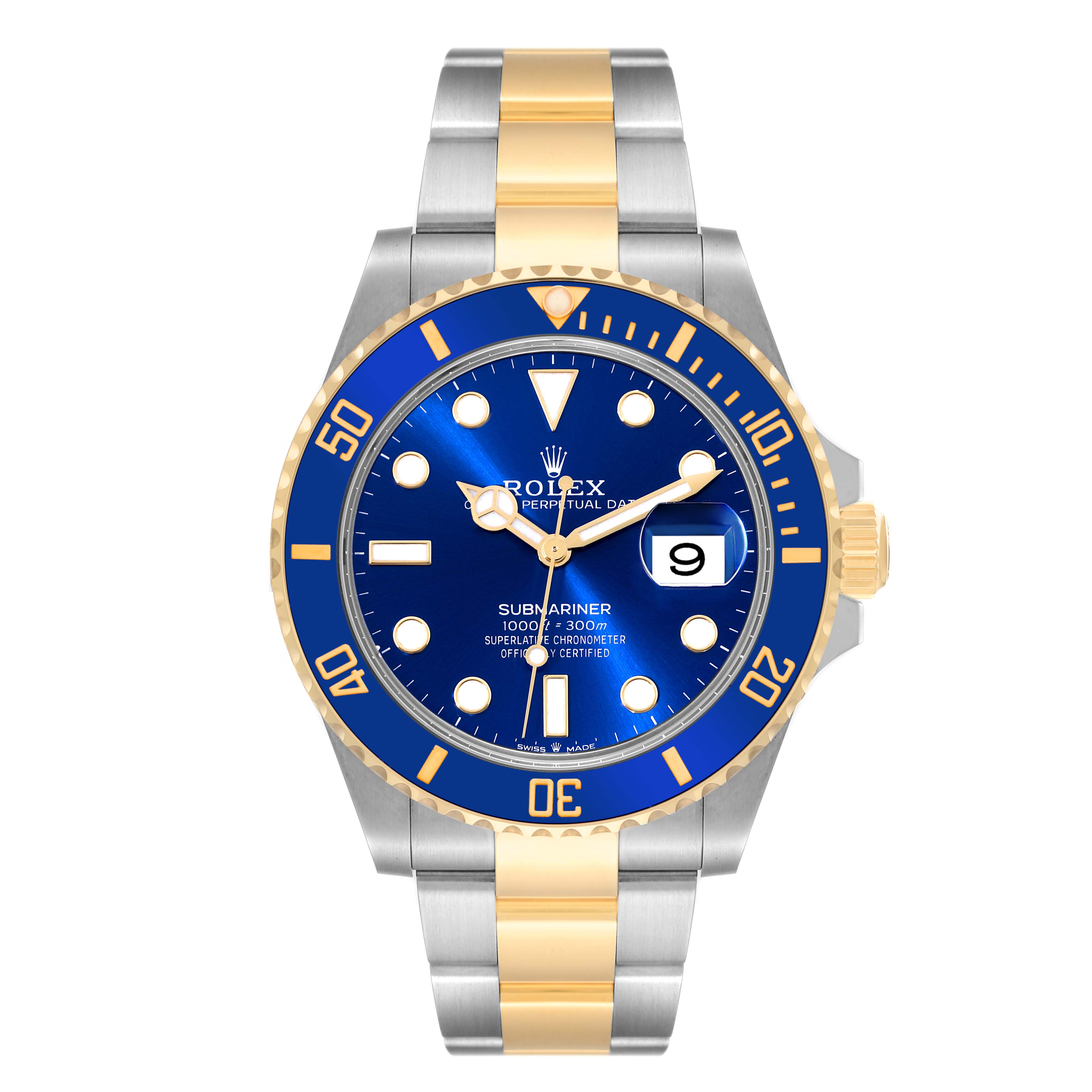 The Rolex Submariner 126613LB Men
s Steel and Gold (two tone) Blue Dial 126613LB Men
s Steel and Gold (two tone) Blue Dial watch is shown from the front, highlighting its blue dial, bezel, and two-tone bracelet.