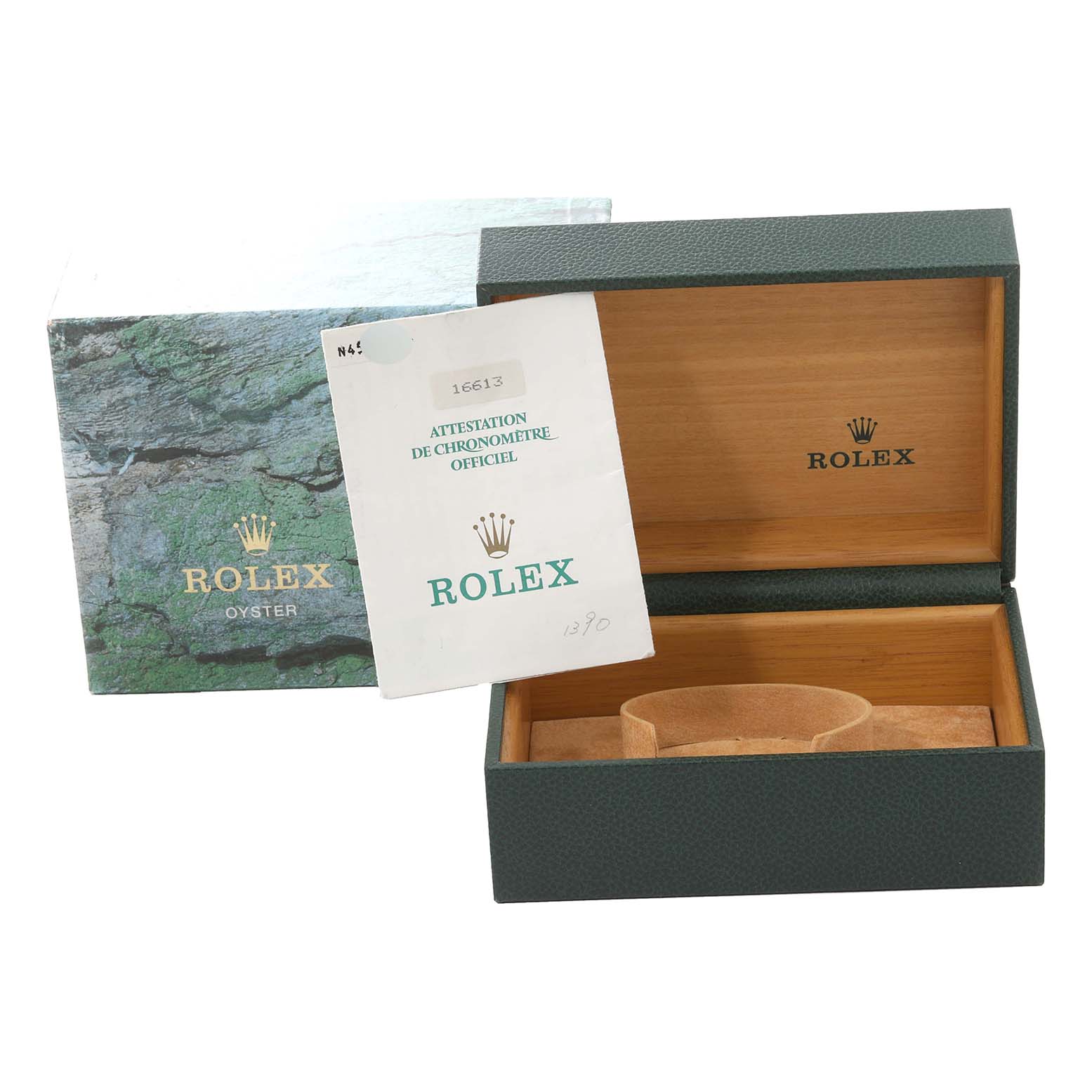 The image shows an open green box and paperwork for a Rolex Submariner 16613 Men
s Steel and Gold (two tone) Blue Dial 16613 Men
s Steel and Gold (two tone) Blue Dial, displaying the inside of the box and its cushioning.
