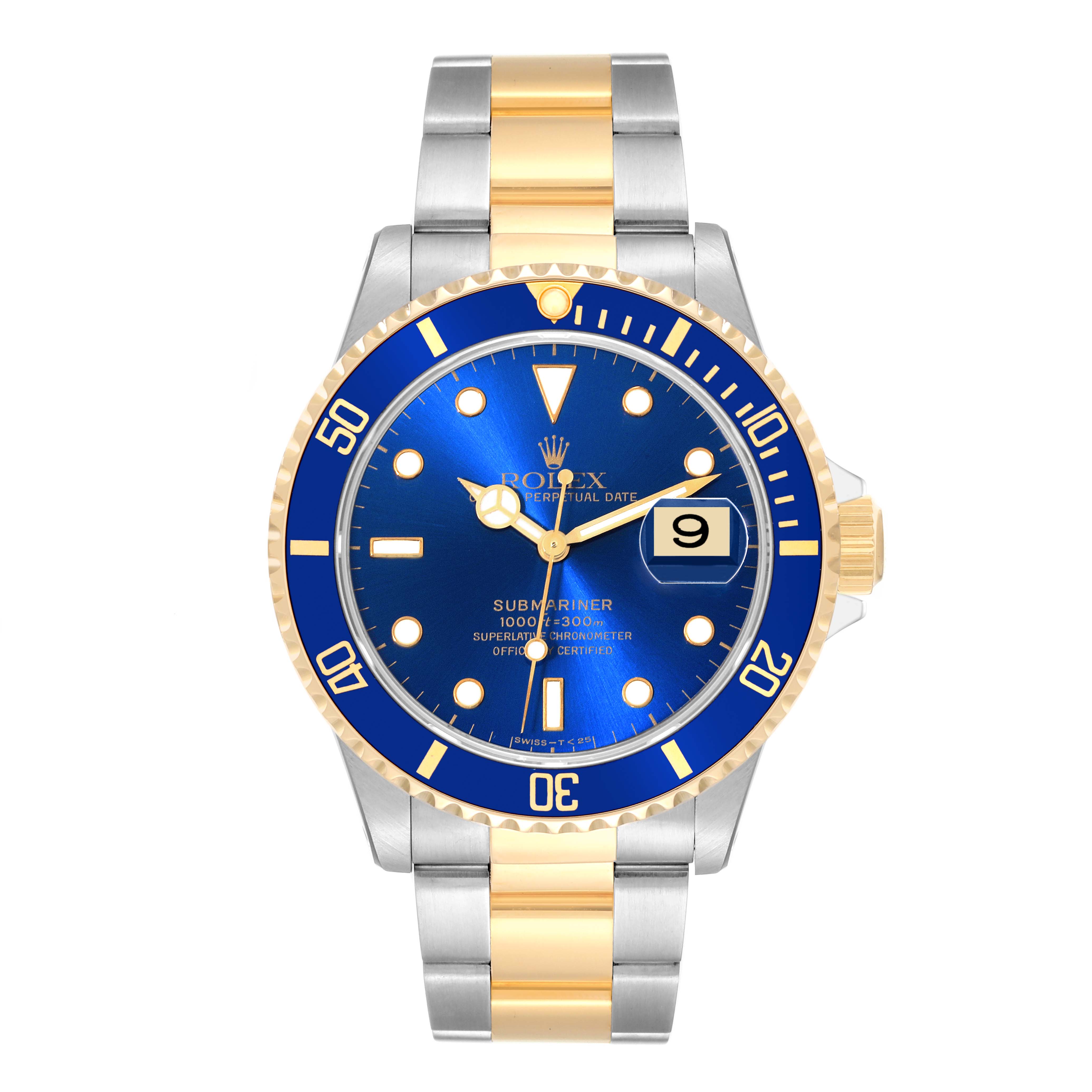 The Rolex Submariner 16613 Men
s Steel and Gold (two tone) Blue Dial 16613 Men
s Steel and Gold (two tone) Blue Dial watch is shown from the front, displaying the dial, bezel, and bracelet.
