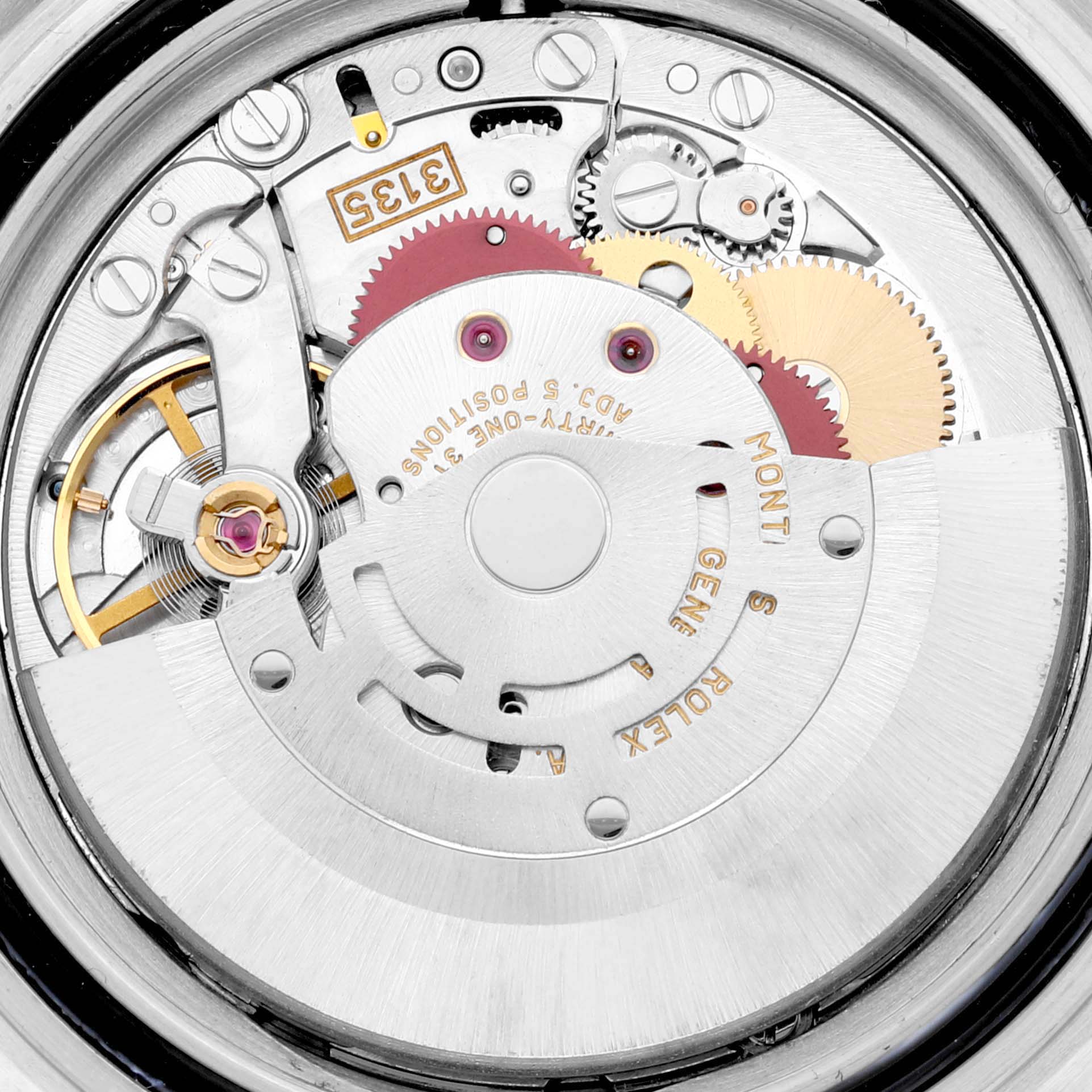This image shows the intricate internal movement mechanism of a Rolex Submariner 16613 Men
s Steel and Gold (two tone) Blue Dial 16613 Men
s Steel and Gold (two tone) Blue Dial watch from an overhead angle.